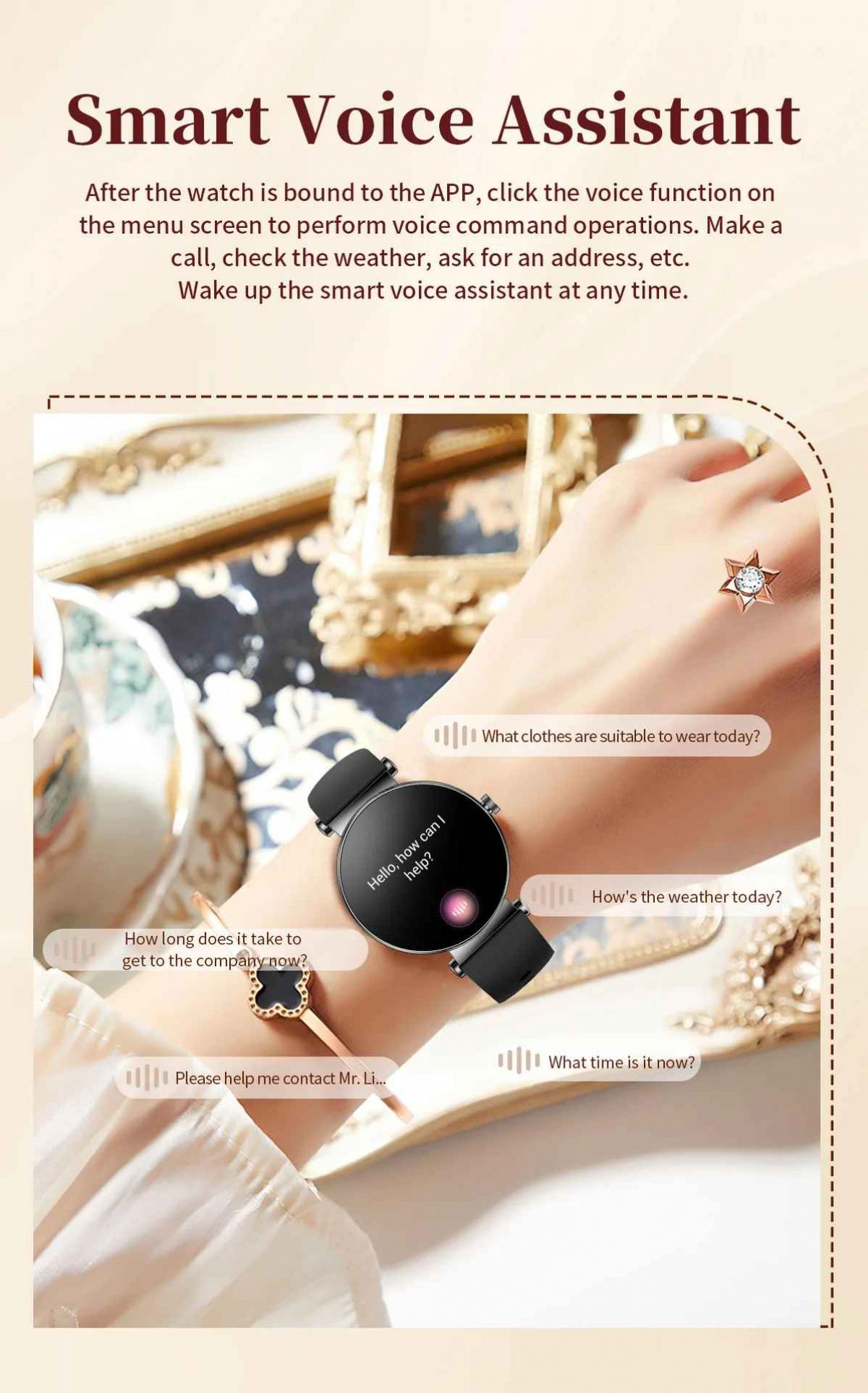 Eine Hand trägt eine Smartwatch mit Sprachbefehlen wie „Wie ist das Wetter?“.