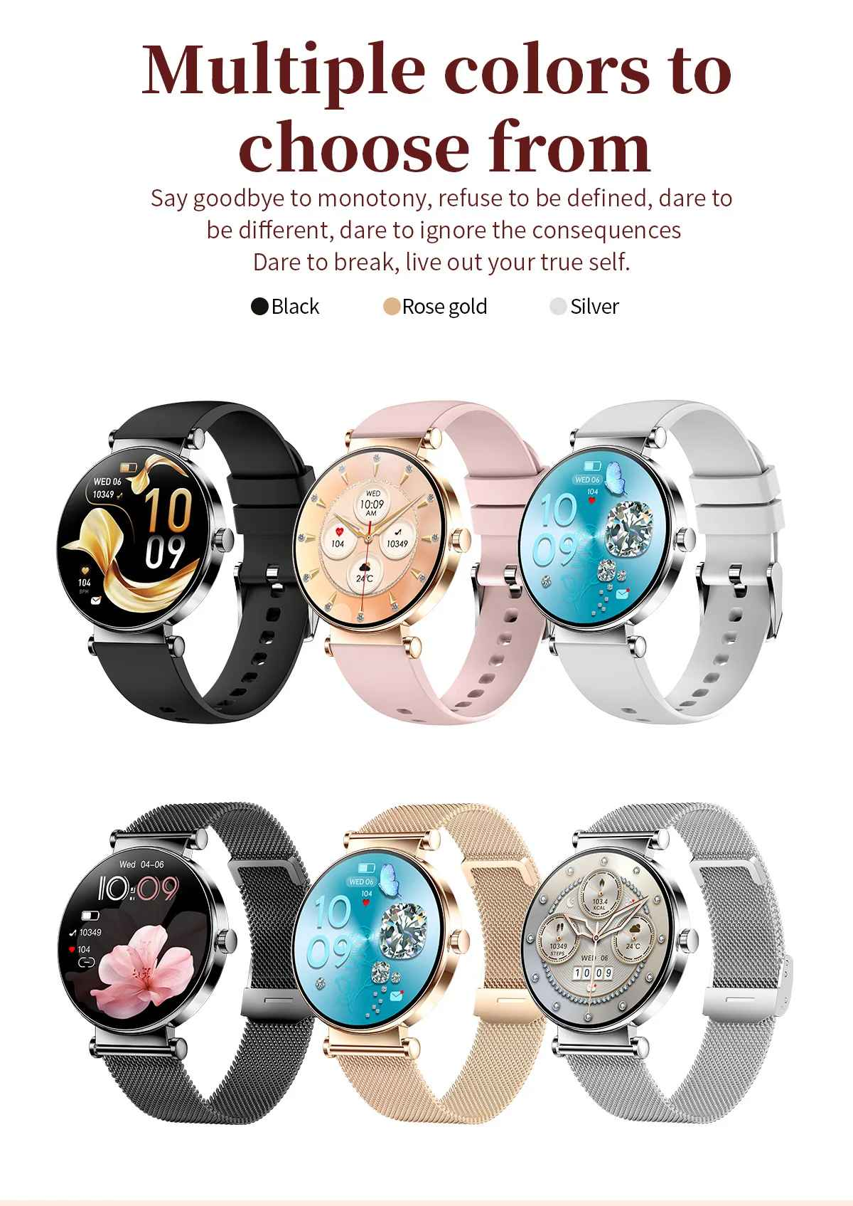 Sechs Smartwatches in verschiedenen Farben: Schwarz, Roségold, Silber, Pink, Weiß und Grau.