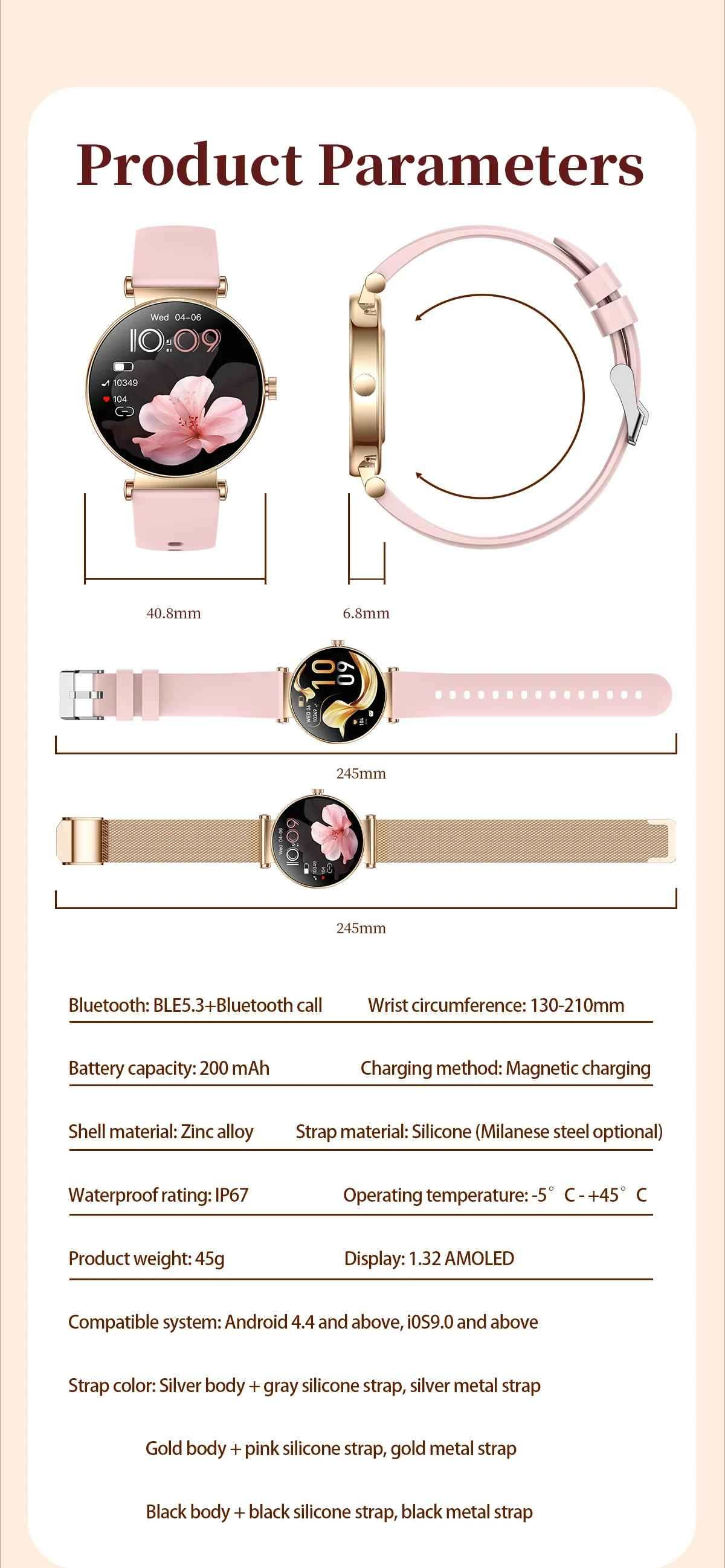 Rosa Smartwatch mit goldenen Akzenten, zeigt Uhrzeit und Blume. Maße und Daten aufgelistet.