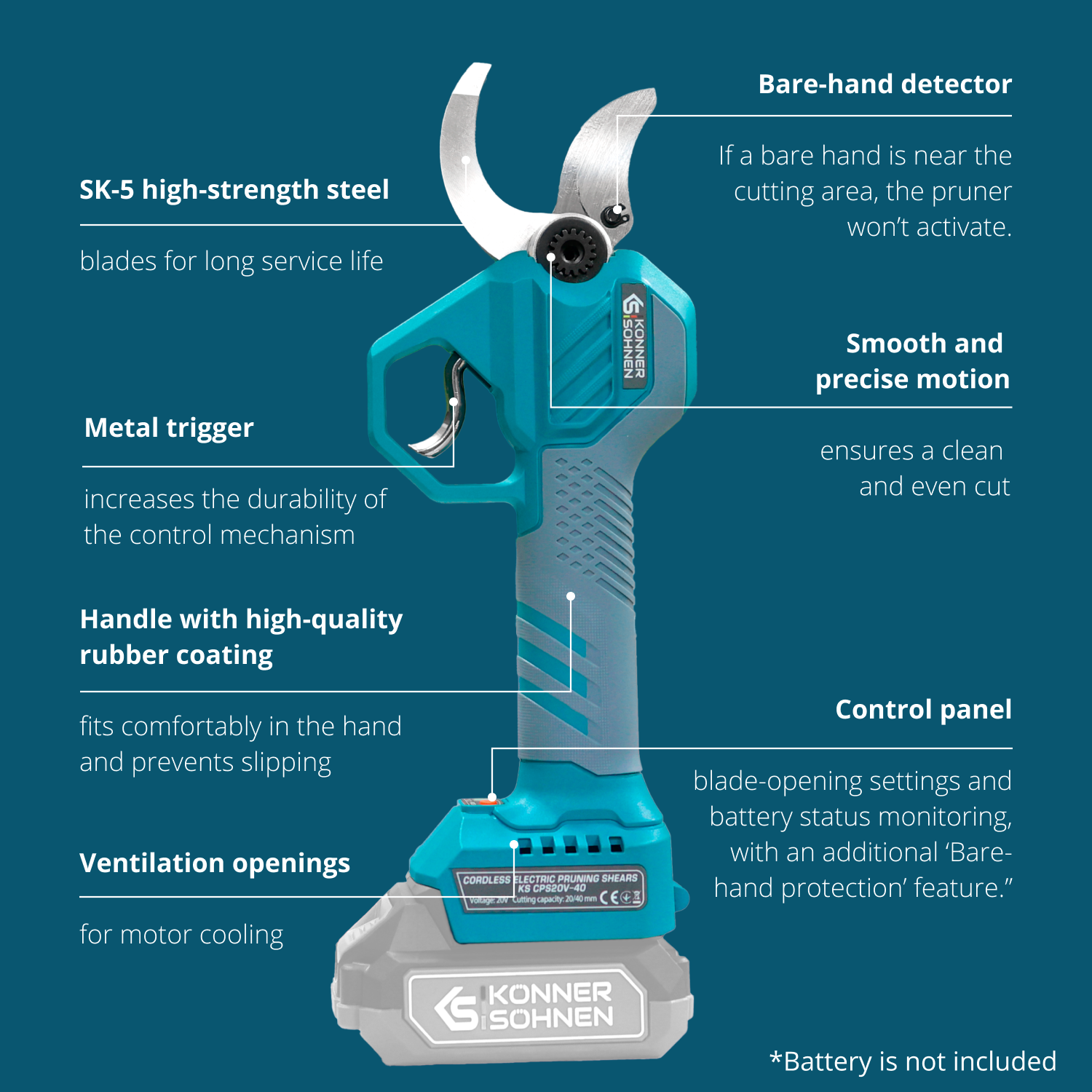 Turkusowo-szara sekator akumulatorowy z etykietami podkreślającymi jego cechy.