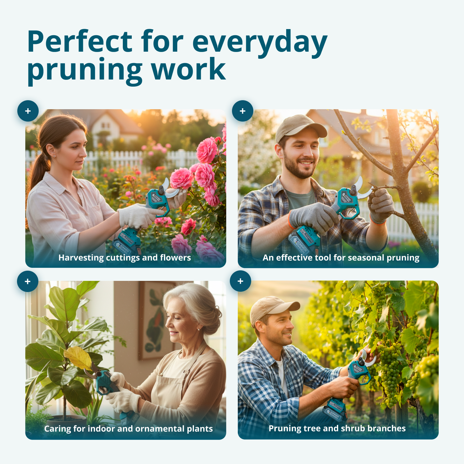 Kobieta zbiera róże, mężczyzna przycina drzewo, kobieta pielęgnuje roślinę, mężczyzna przycina winogrona.