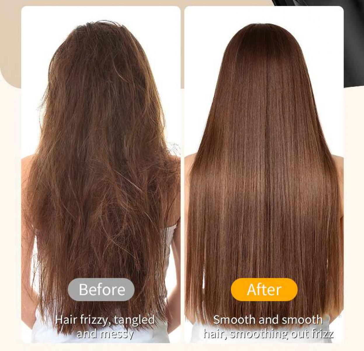 Vorher: krauses, verknotetes Haar. Nachher: glattes Haar, Frizz geglättet.