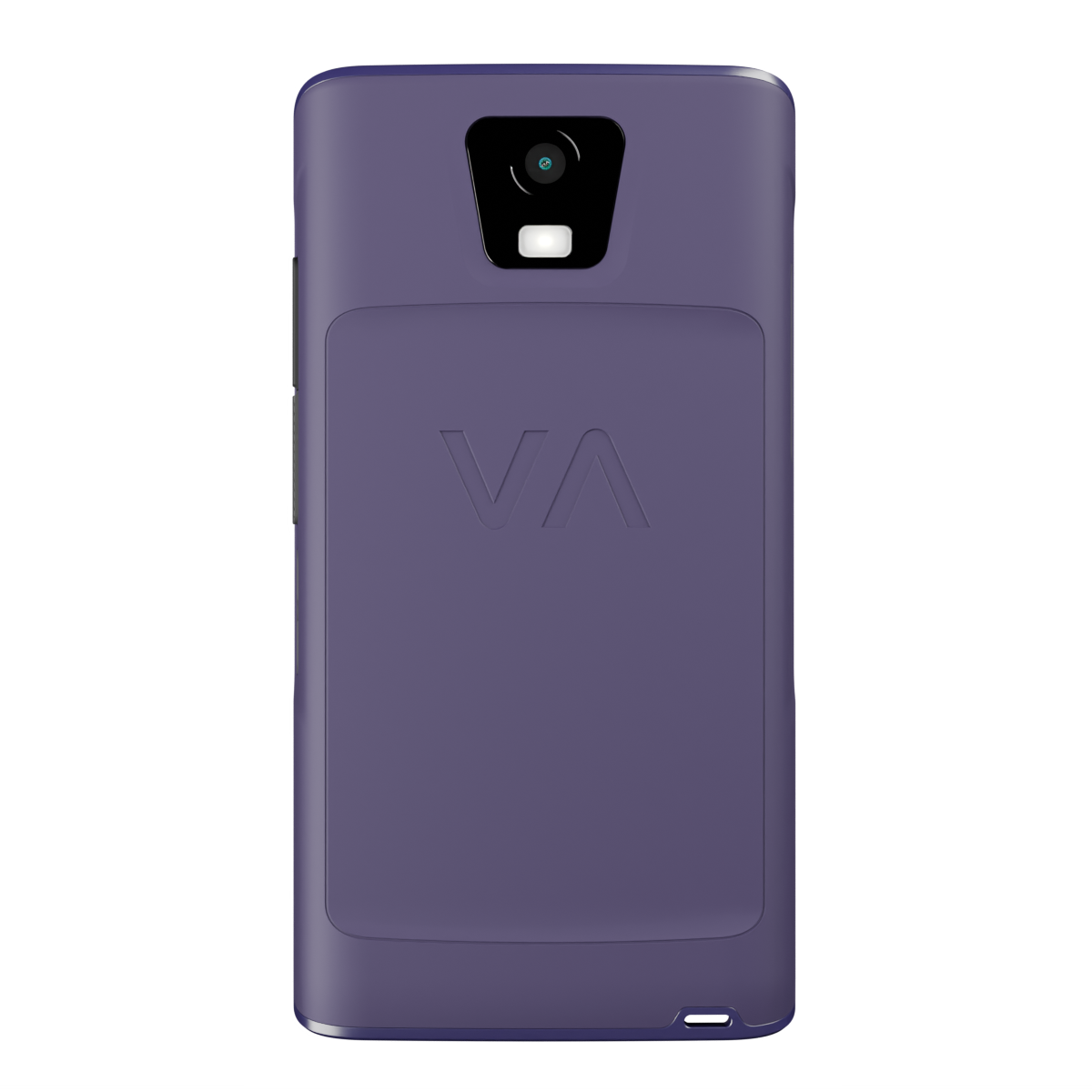 Lila Smartphone-Rückseite mit Kamera und VA-Logo.