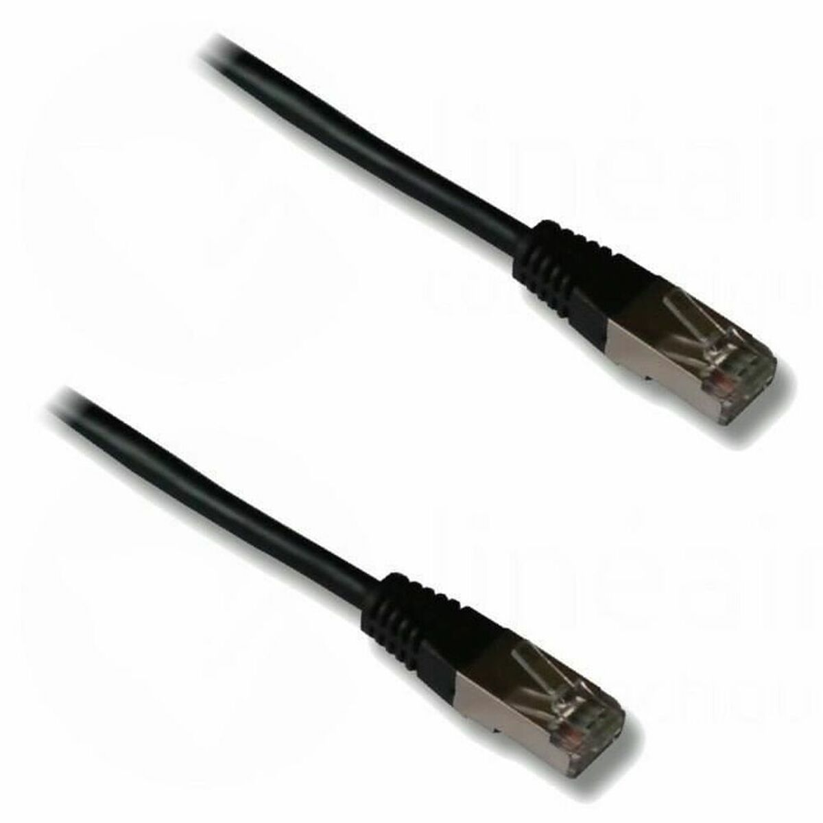 Due cavi Ethernet neri con connettori argentati su sfondo bianco.