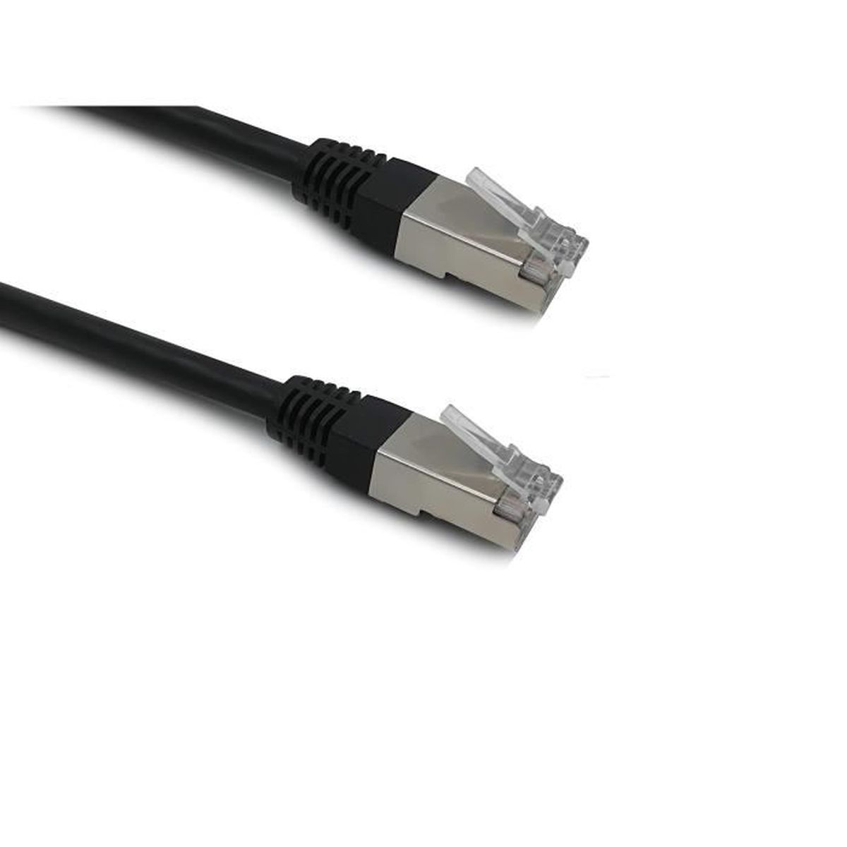 Due cavi di rete neri con connettori RJ45 argentati su sfondo bianco.