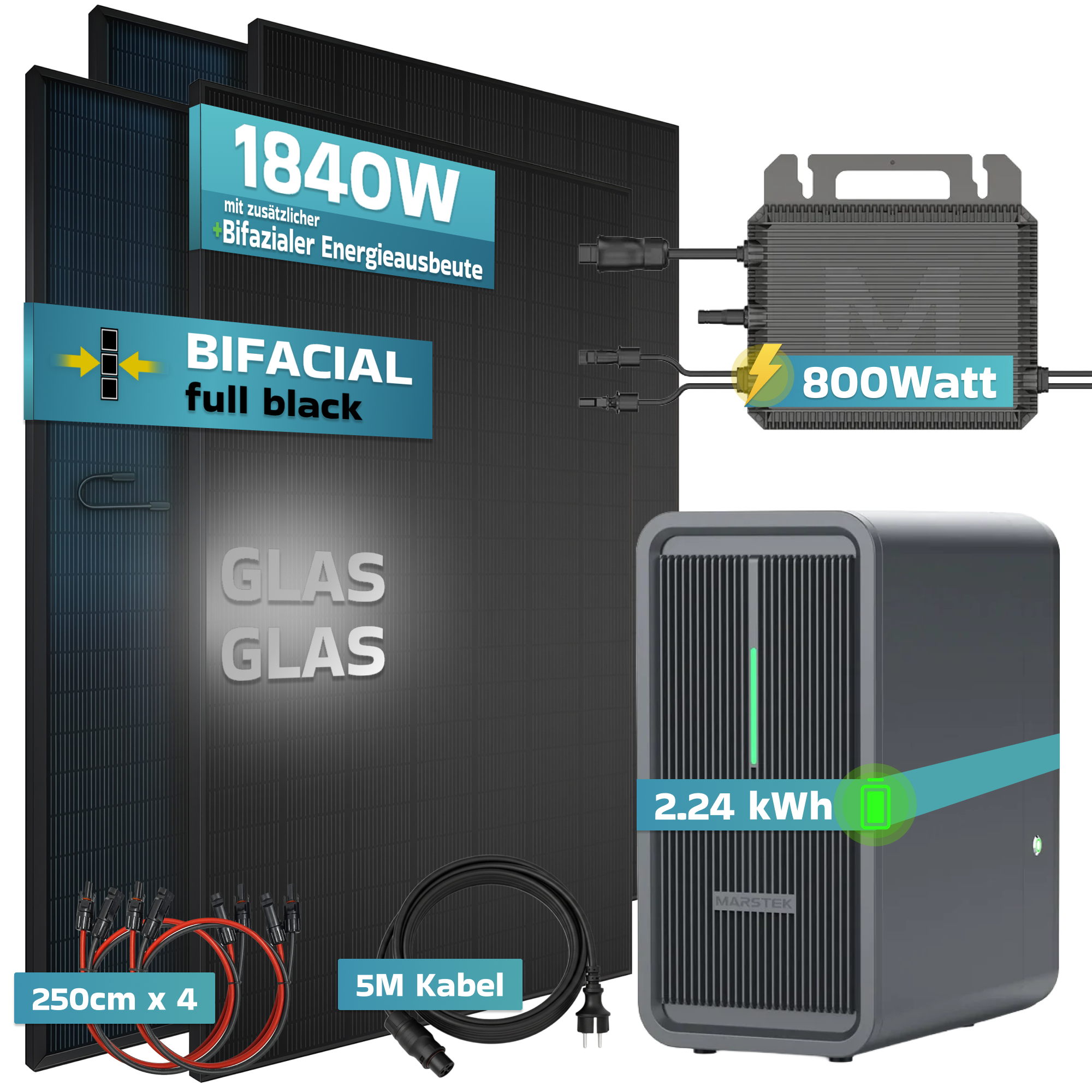 Solarmodule, Wechselrichter und Energiespeicher-System mit technischen Daten.