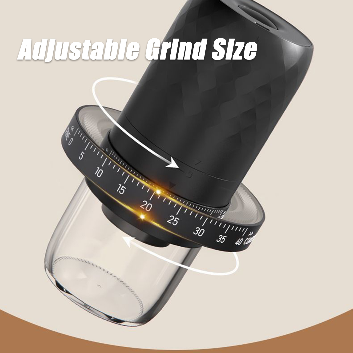 Czarny młynek do kawy z regulacją grubości mielenia i szklanym pojemnikiem.