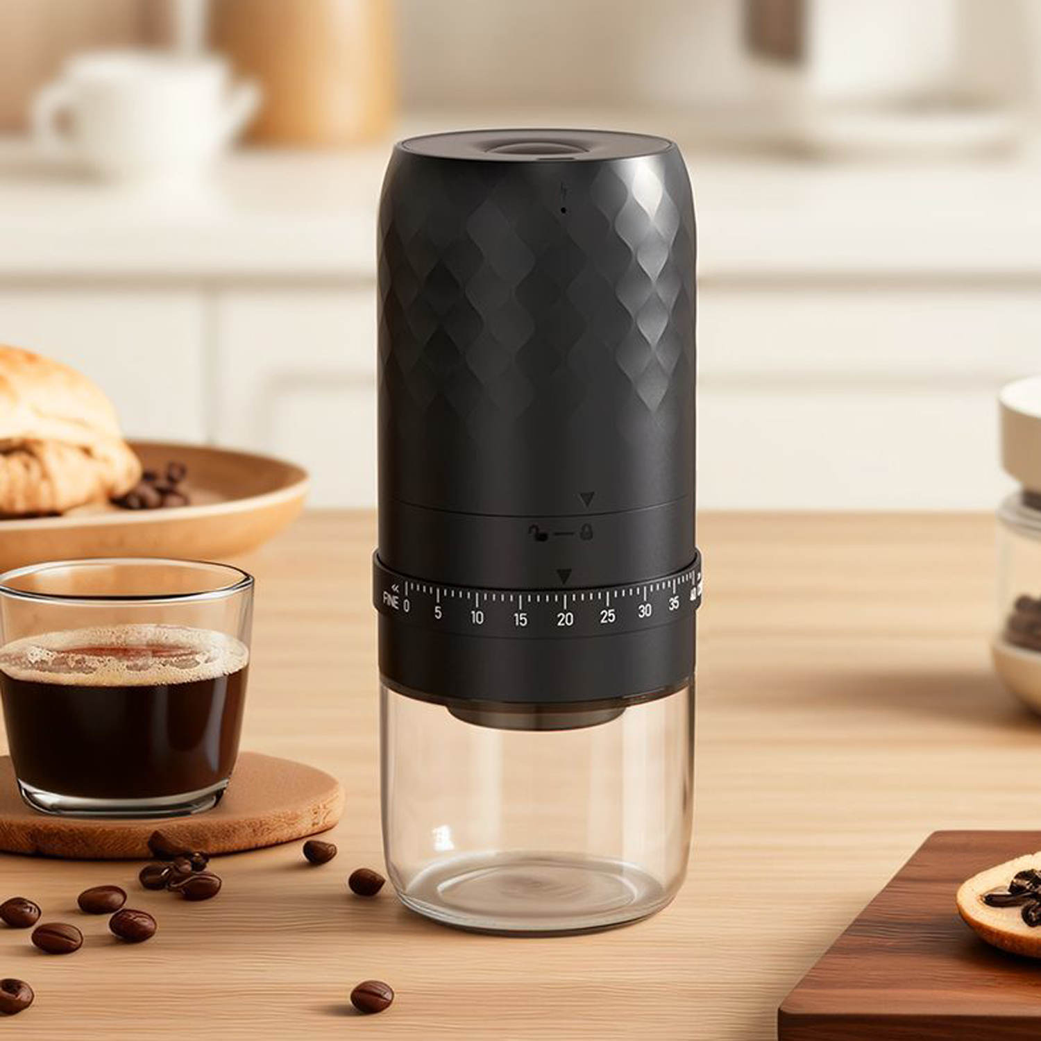 Czarny młynek do kawy ze szklaną podstawą, obok filiżanki kawy i ciasta.