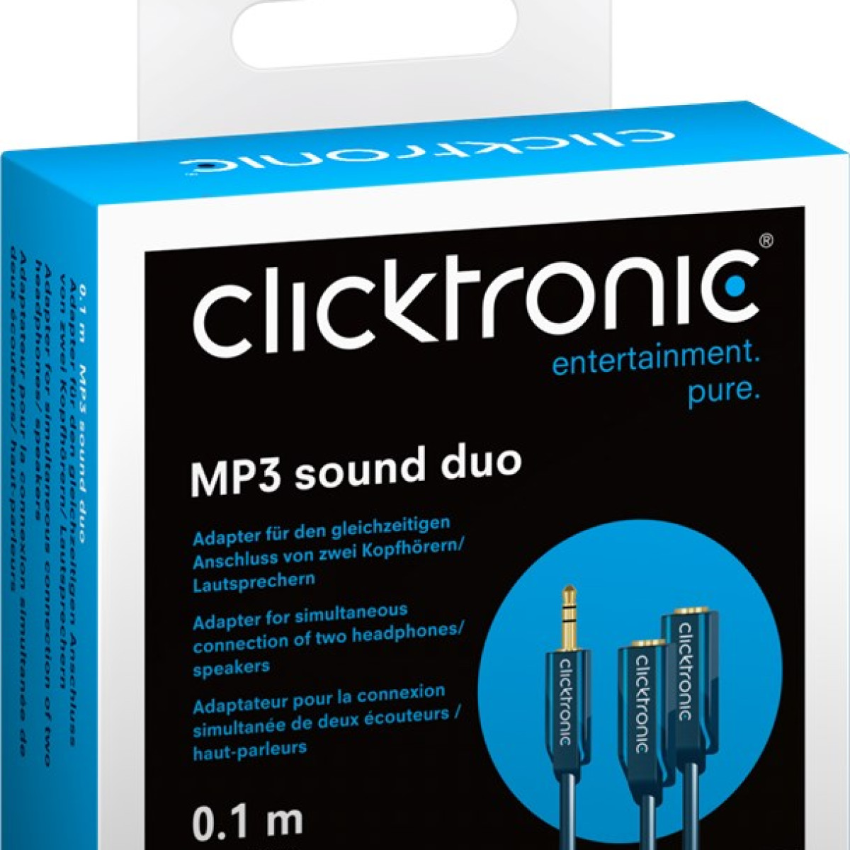 Verpackung für Clicktronic MP3 Sound Duo Adapter mit Kabeln und Steckern.