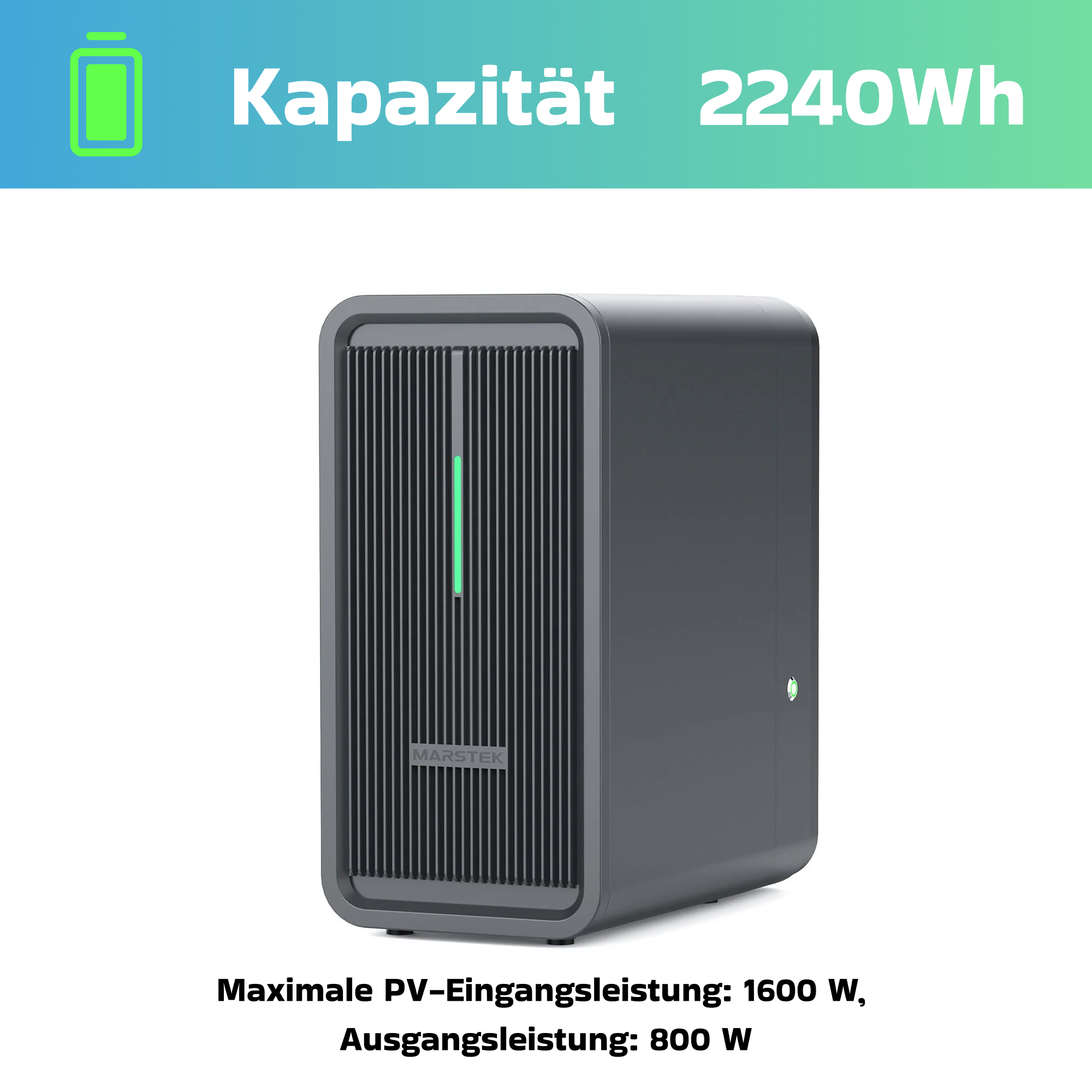 Grauer Kasten mit vertikalen Lüftungsschlitzen, grünem Lichtstreifen, 2240Wh.