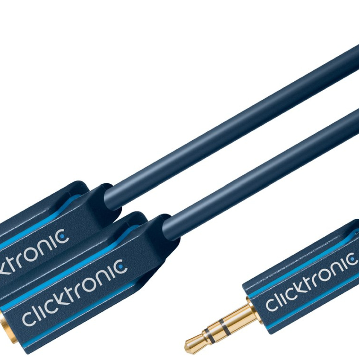 Zwei blaue Audiokabel mit goldenem 3,5-mm-Stecker und schwarzem Gehäuse.