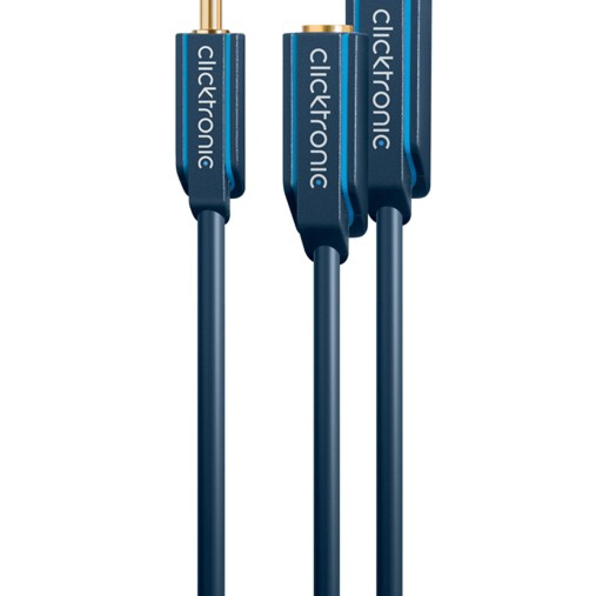 Drei blaue Audiokabel mit goldenen Anschlüssen und dem Schriftzug 'clicktronic'.