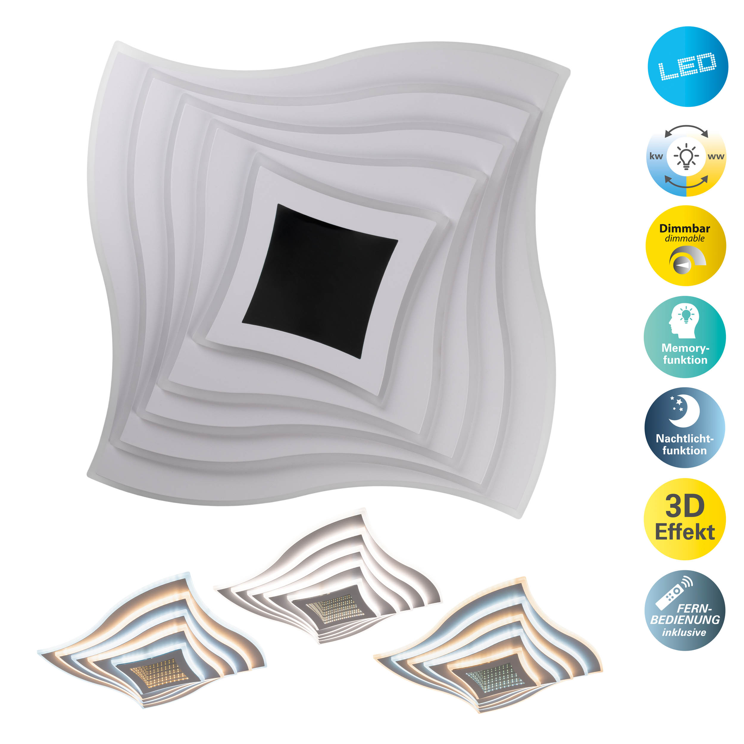 Eine weiße Deckenleuchte mit Wellenform und LED-Symbolen.