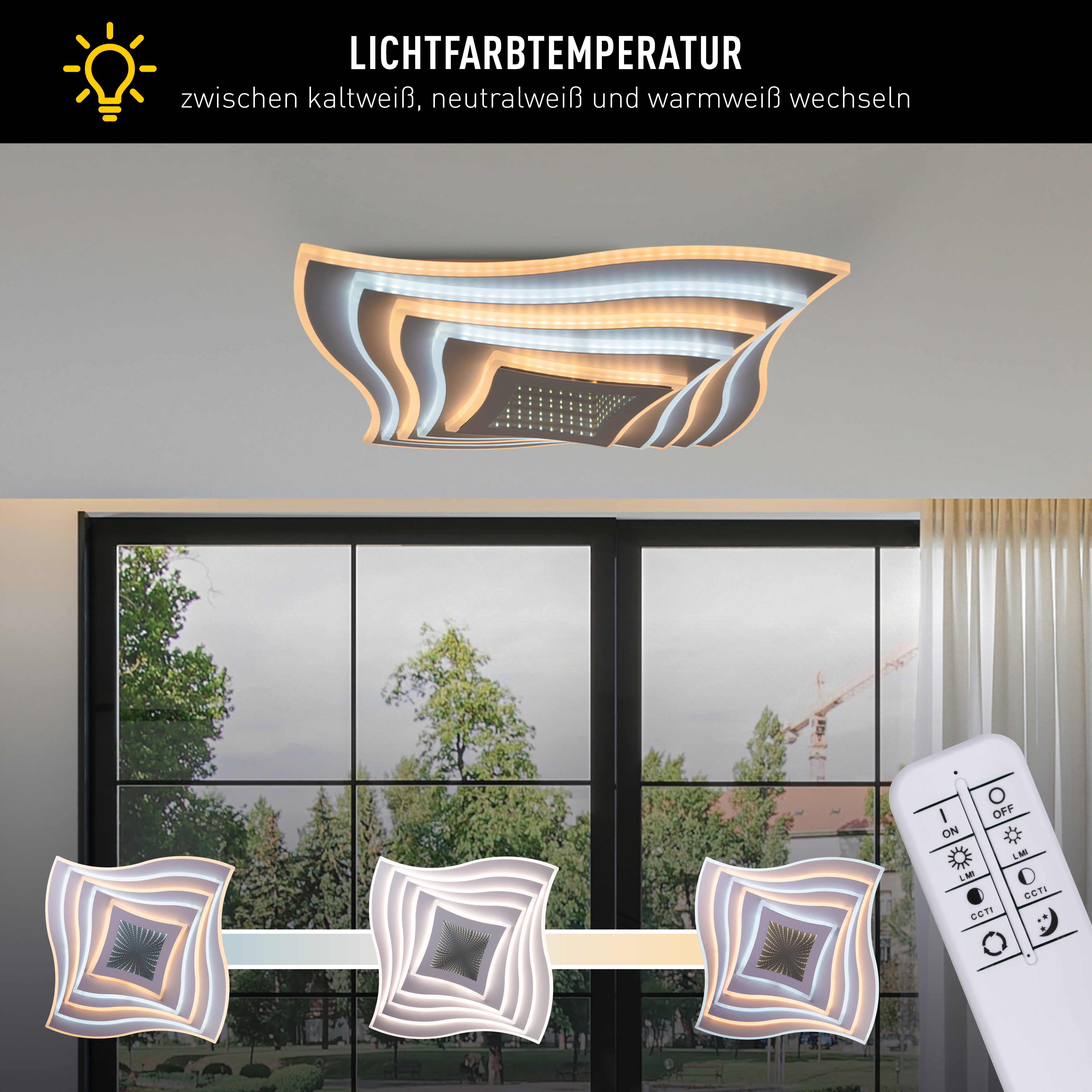 Eine moderne Deckenleuchte mit Wellenform und LED-Beleuchtung, steuerbar per Fernbedienung.