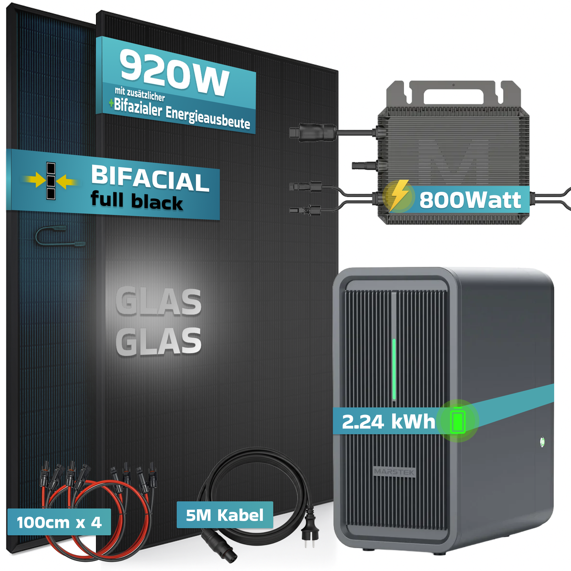 Solaranlage mit Wechselrichter und Speicher. 920W bifazial, 800W Wechselrichter, 2.24kWh Speicher.