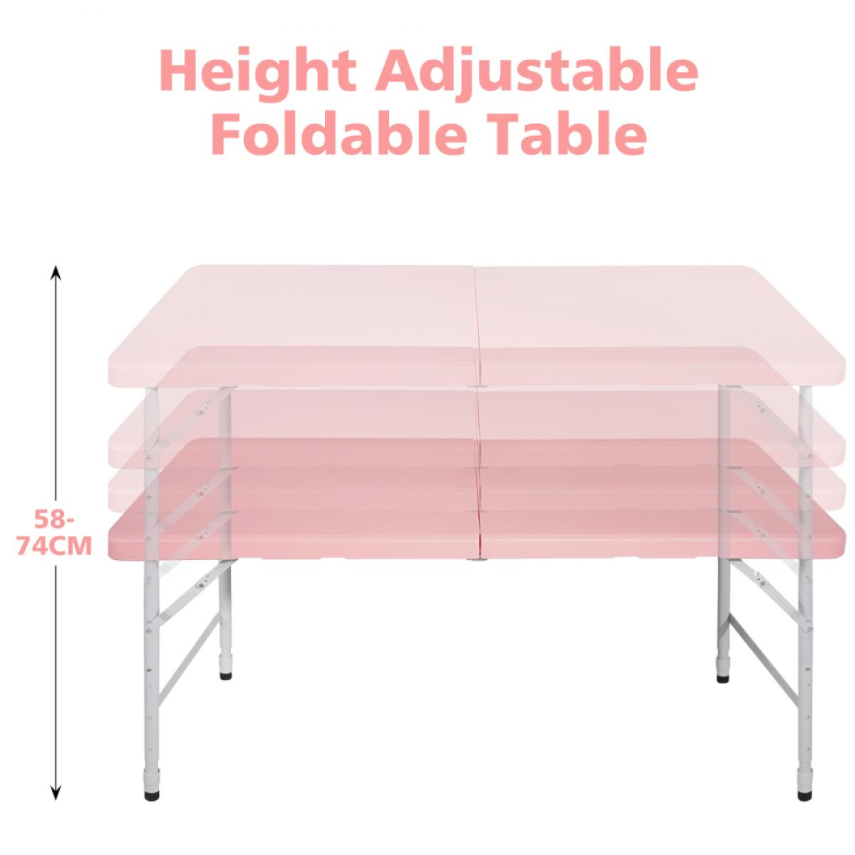 Eine rosa, höhenverstellbare Klapptisch wird gezeigt.