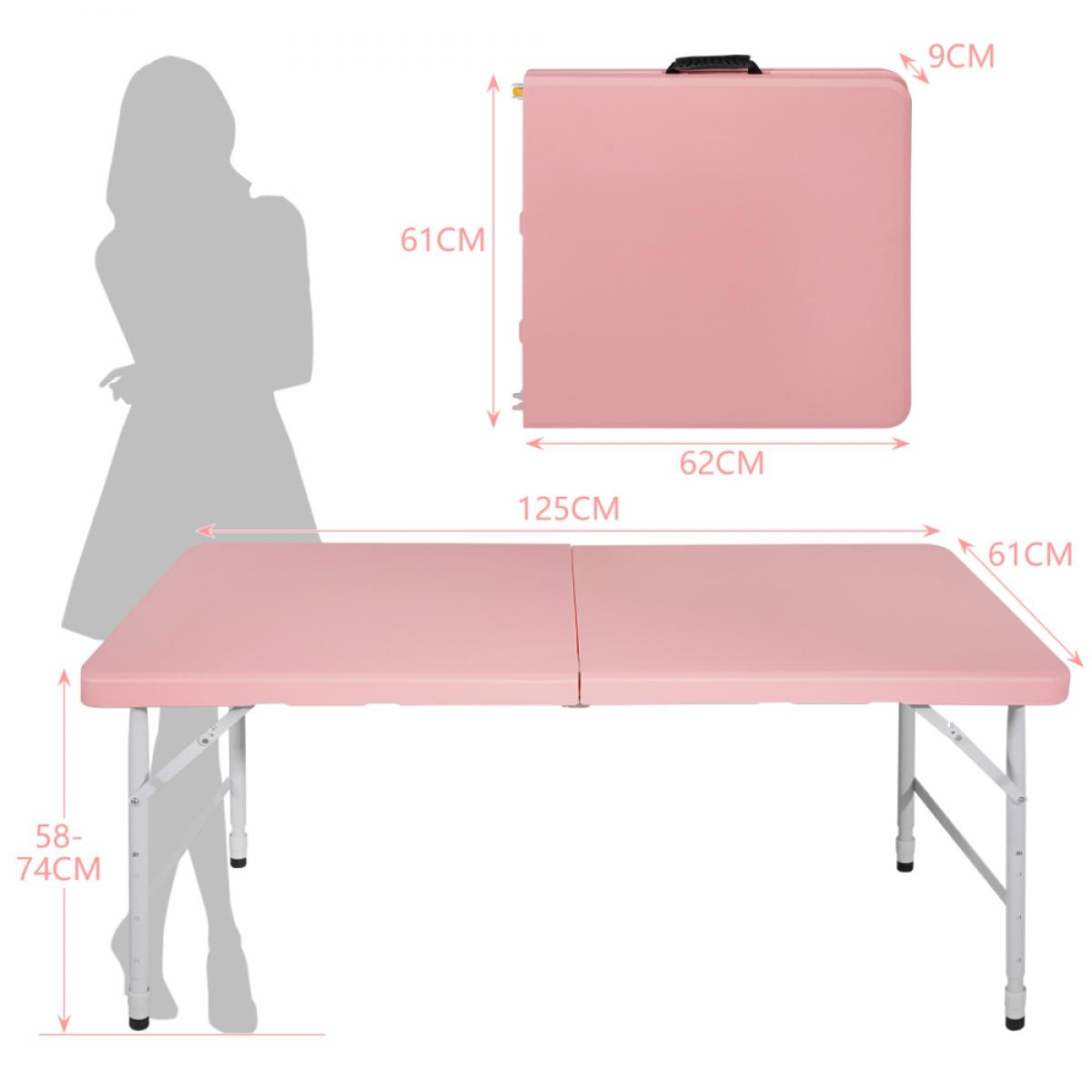Rosa Klapptisch mit Maßen: 125x61x58-74cm. Zusammengeklappt 62x61x9cm.