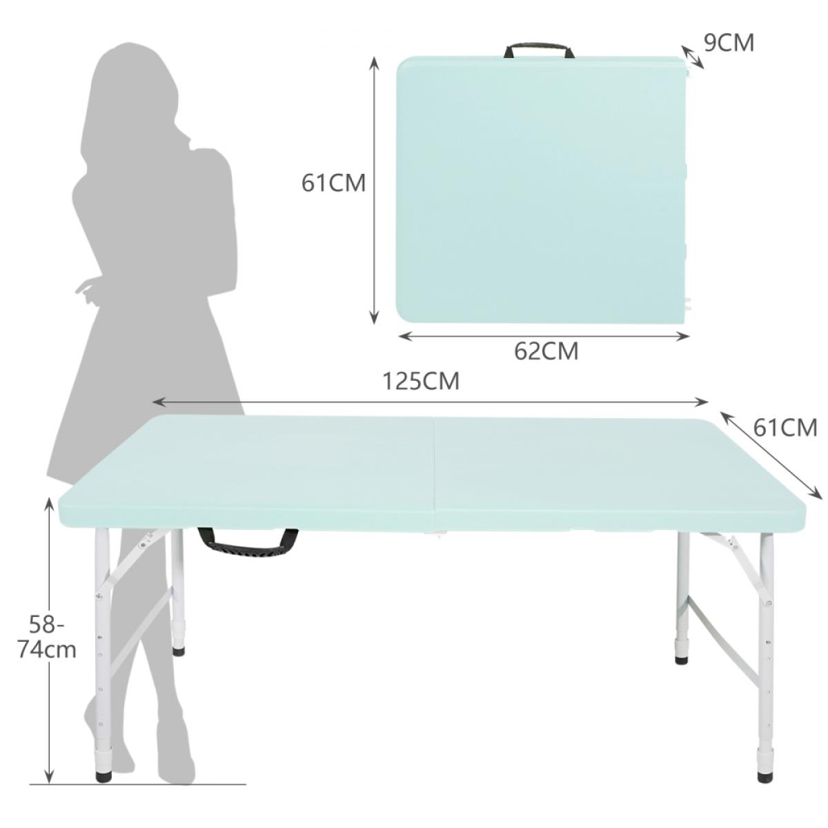 Aufgeklappter hellblauer Tisch mit Maßen 125x61x58-74cm. Daneben eine zusammengeklappte Tischplatte.