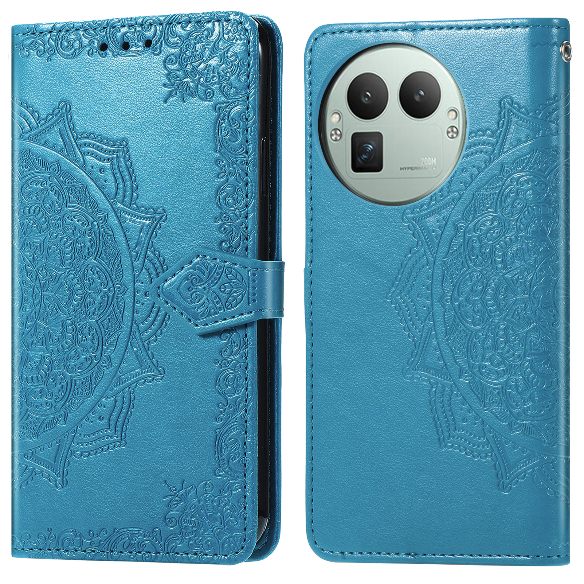 Turquoise telefoonhoesje met reliëf mandala patroon en cameramodule.