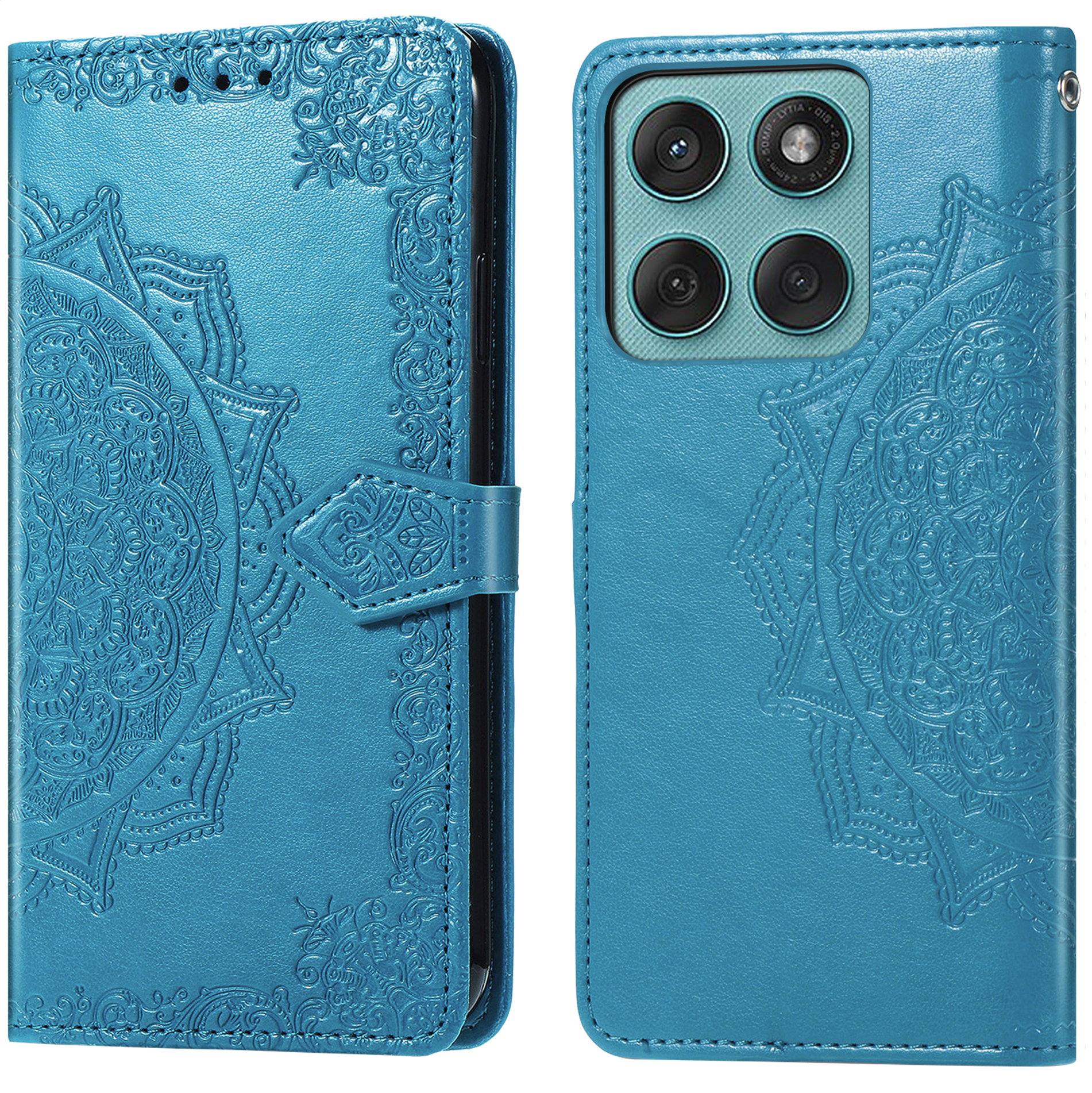 Turquoise telefoonhoes met mandala reliëf, open, toont achterkant met camera.