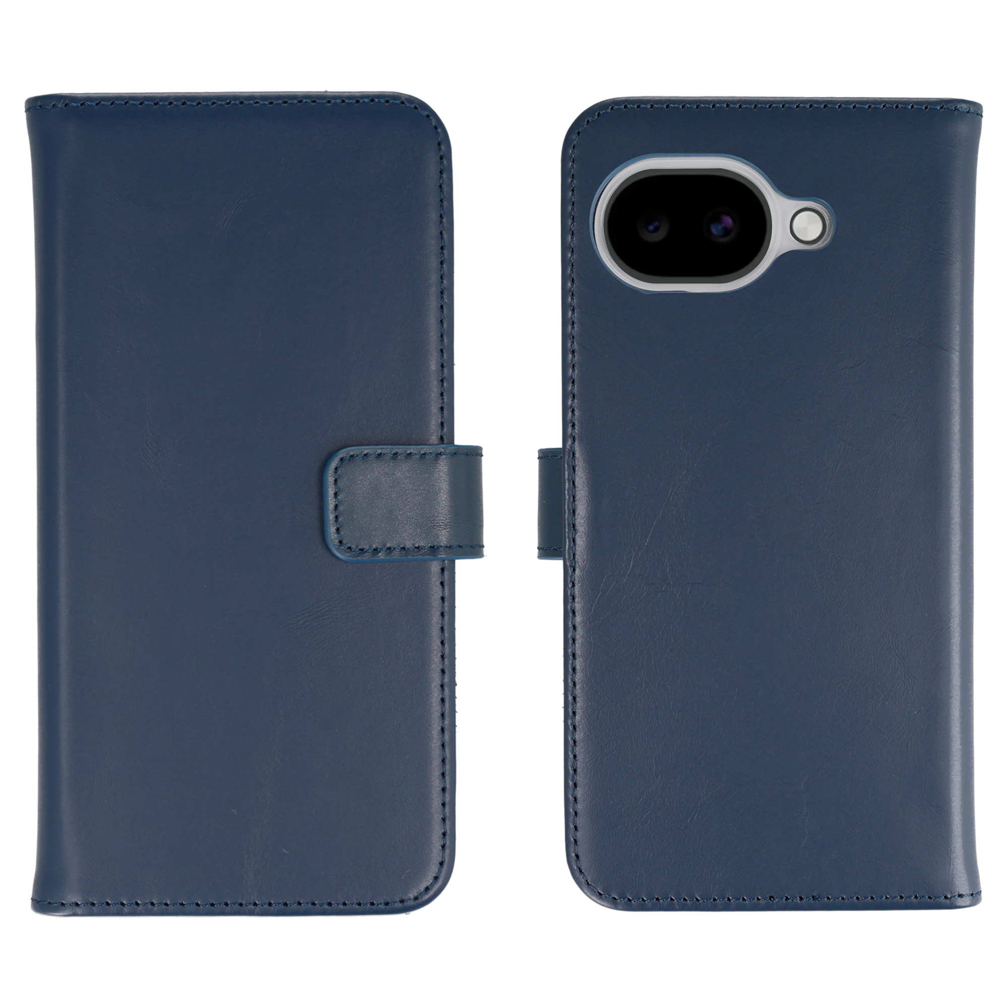Étui de téléphone bleu foncé style portefeuille avec découpe caméra.