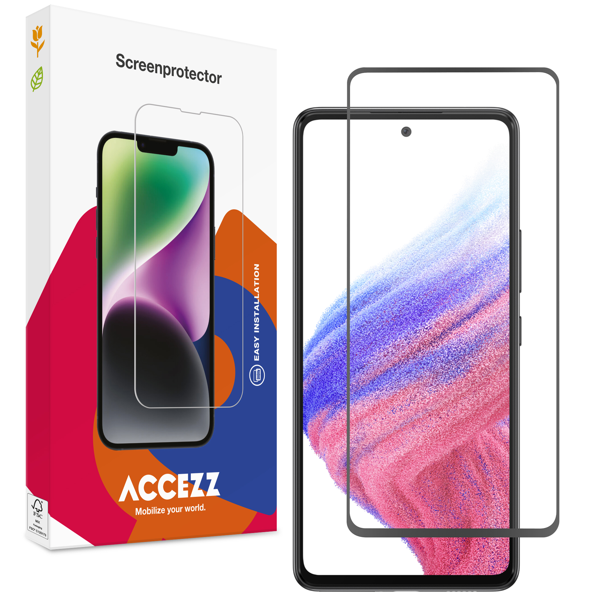 Emballage produit pour protecteur d'écran de smartphone à côté d'un smartphone.