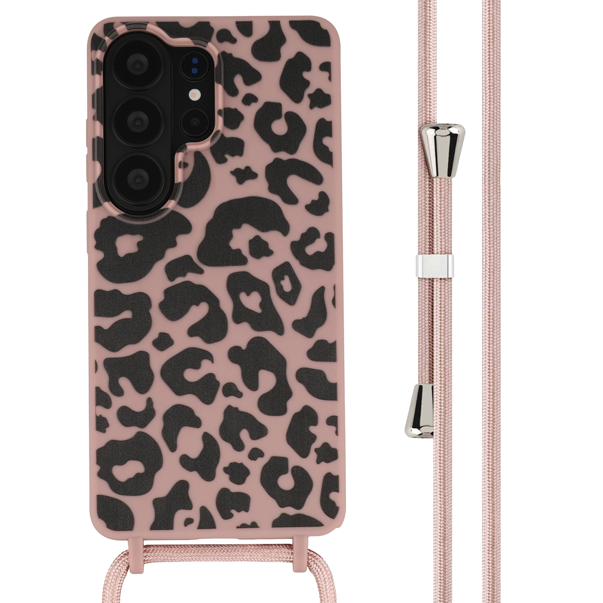 Une coque de téléphone rose à imprimé léopard avec un cordon.