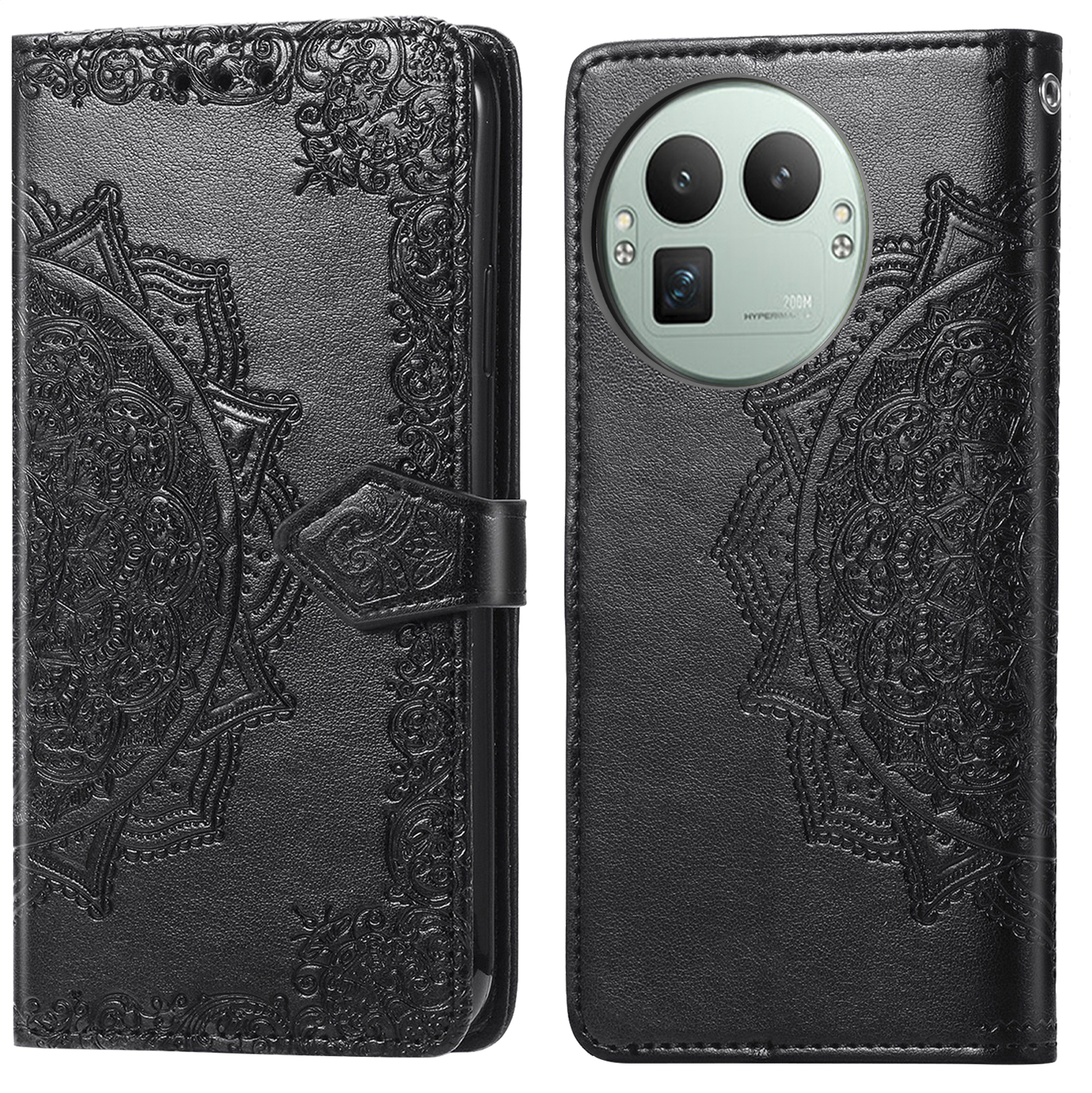 Zwarte telefoonhoes met reliëf mandala-design en camera-uitsparing.