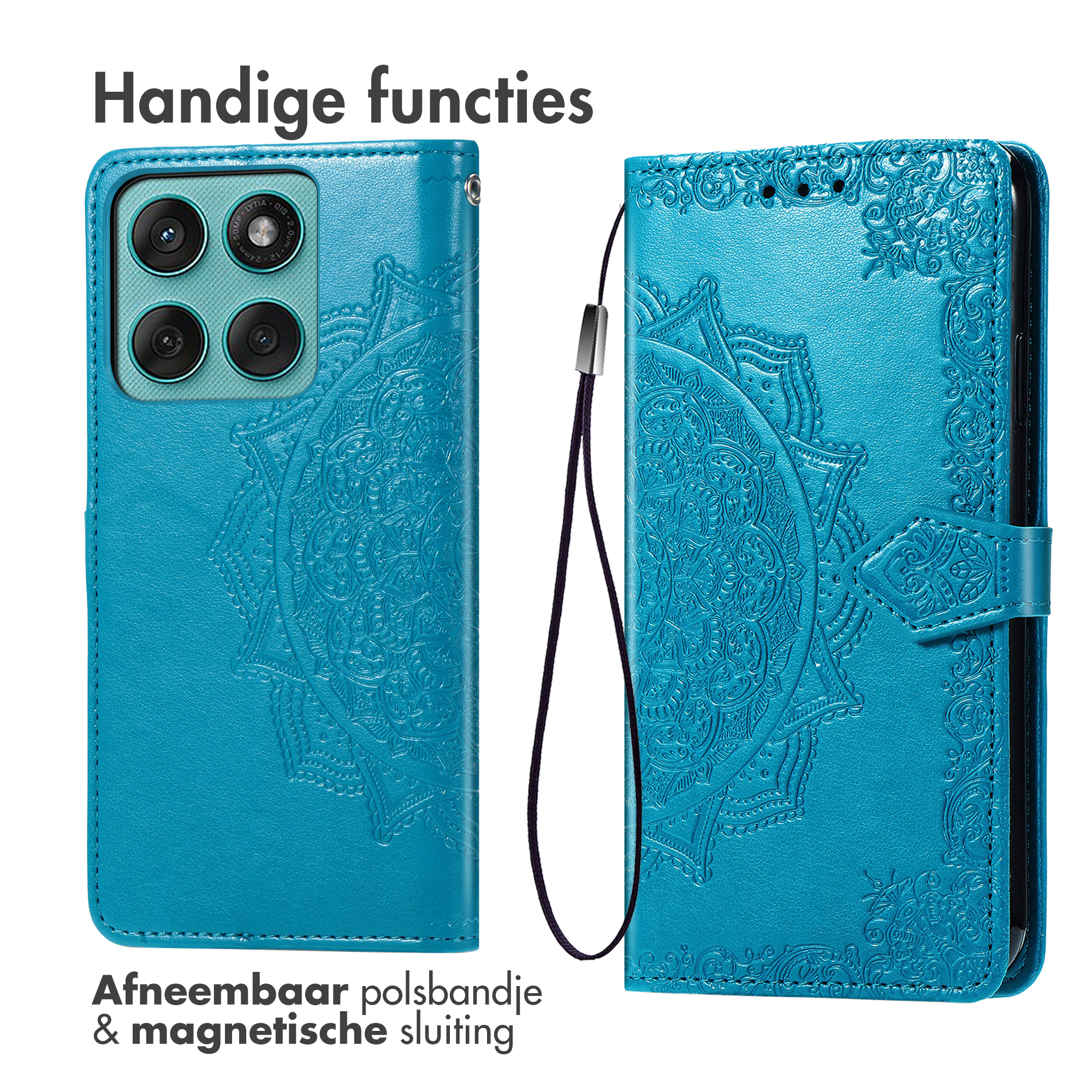 Blauwe telefoonhoes met reliëf mandala, cameralens en polsbandje.