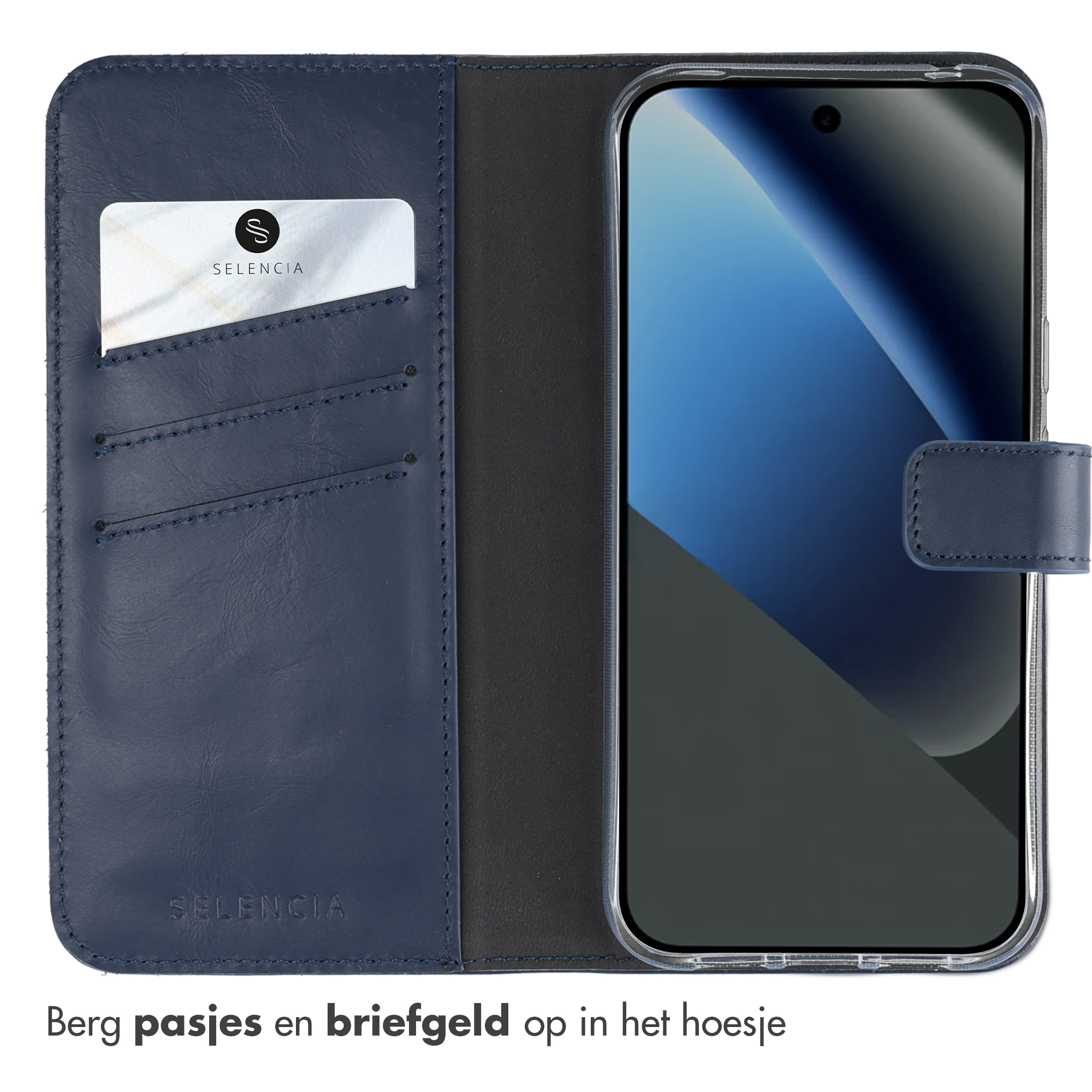 Étui de téléphone bleu avec fentes pour cartes et un smartphone à l'intérieur.