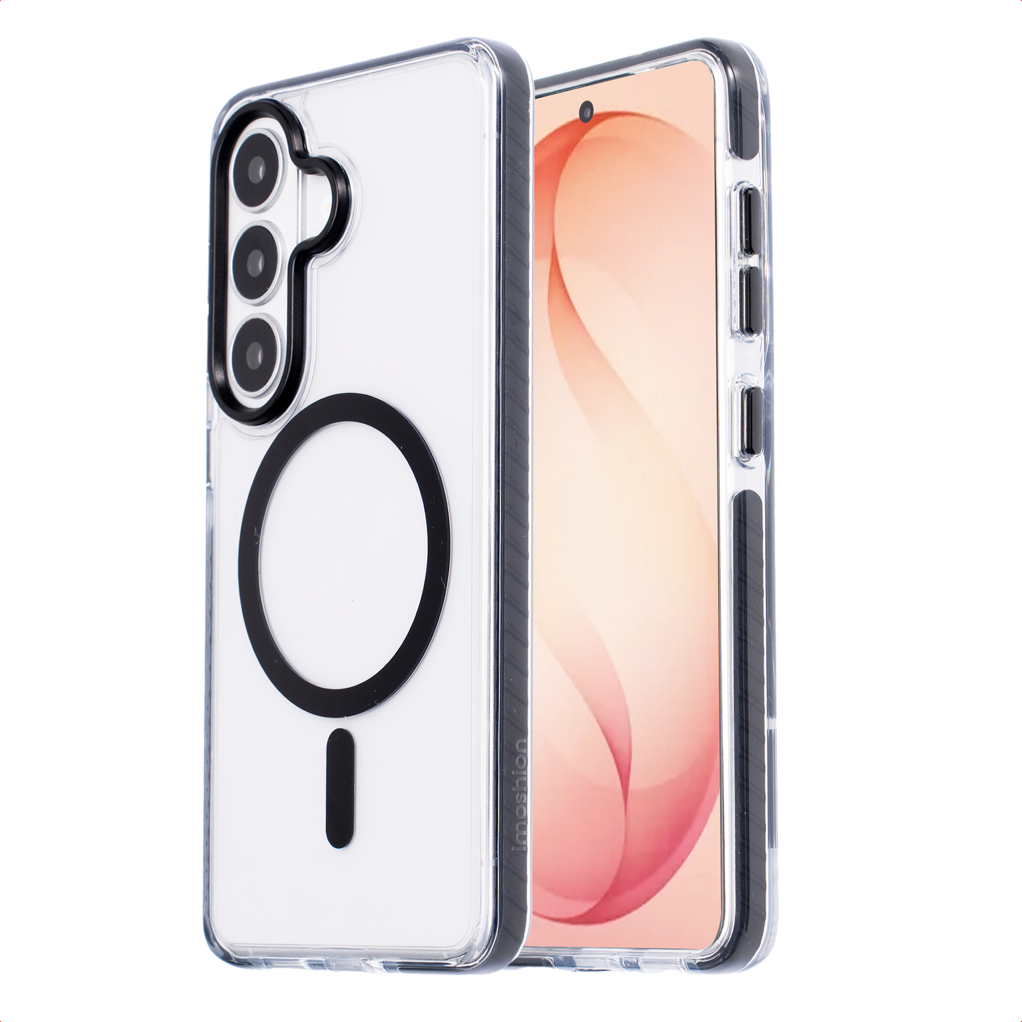 Une coque de téléphone transparente avec trois caméras et un anneau magnétique.