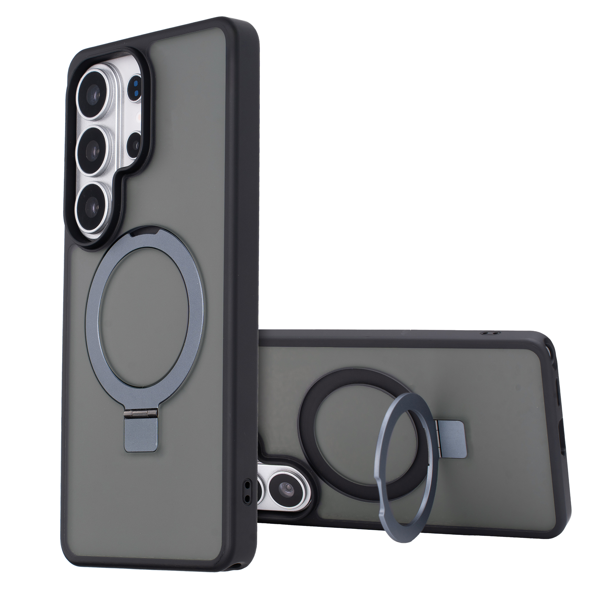 Twee grijze telefoonhoesjes met ringhouder en camera-uitsparing op witte achtergrond.