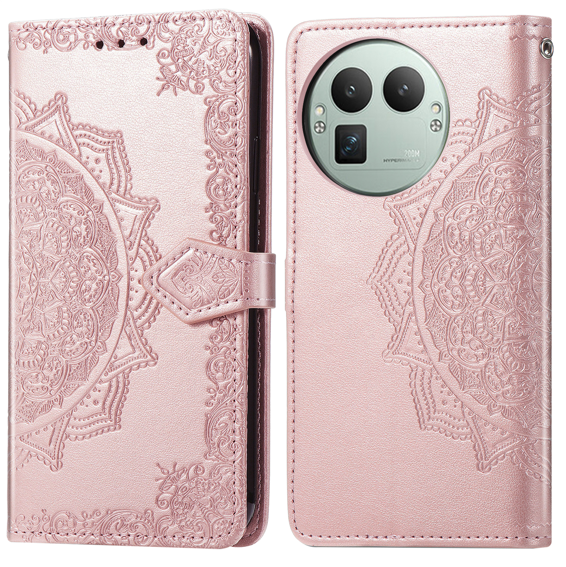 Roze telefoonhoesje met mandala patroon en drie cameralenzen.