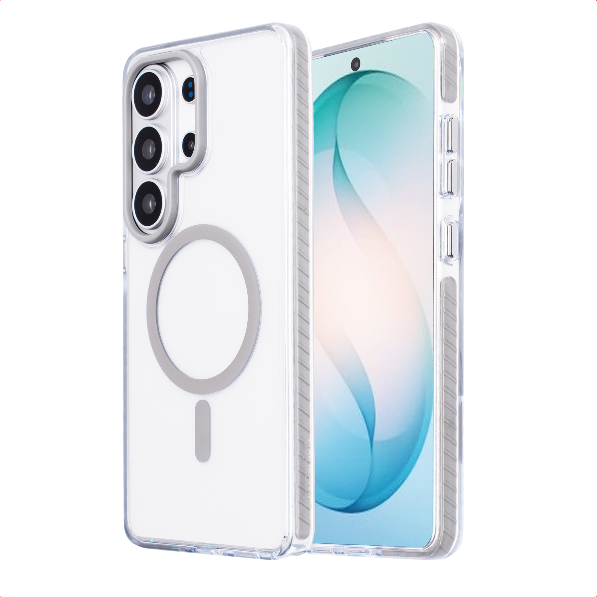 Coque de téléphone transparente avec anneau magnétique et découpe.