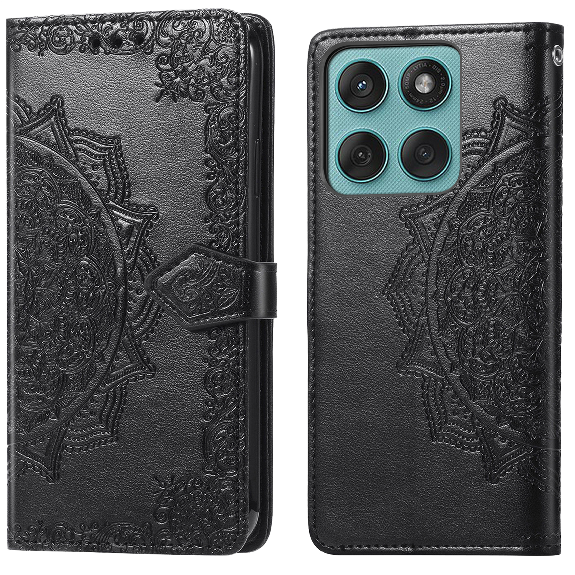 Étui de téléphone noir avec motif mandala en relief et quatre lentilles.