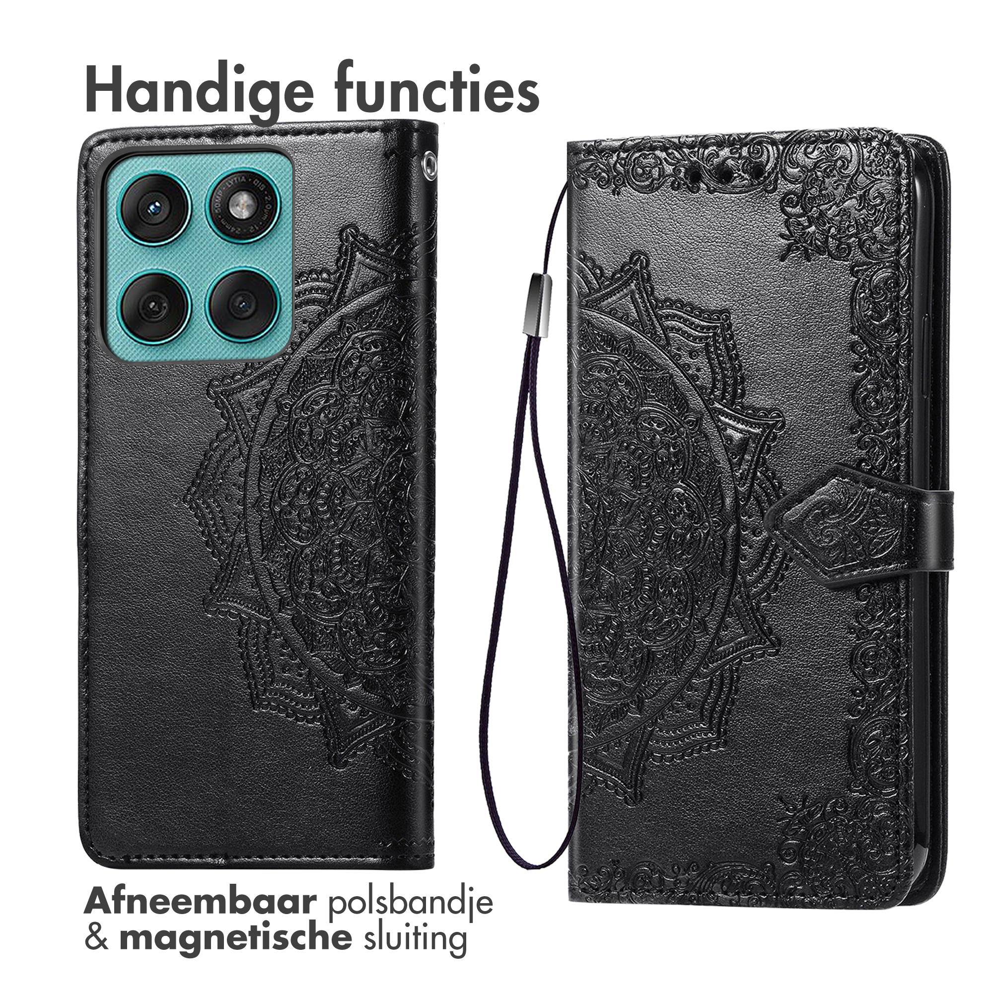 Coque de téléphone noire avec motif mandala, appareil photo et dragonne.