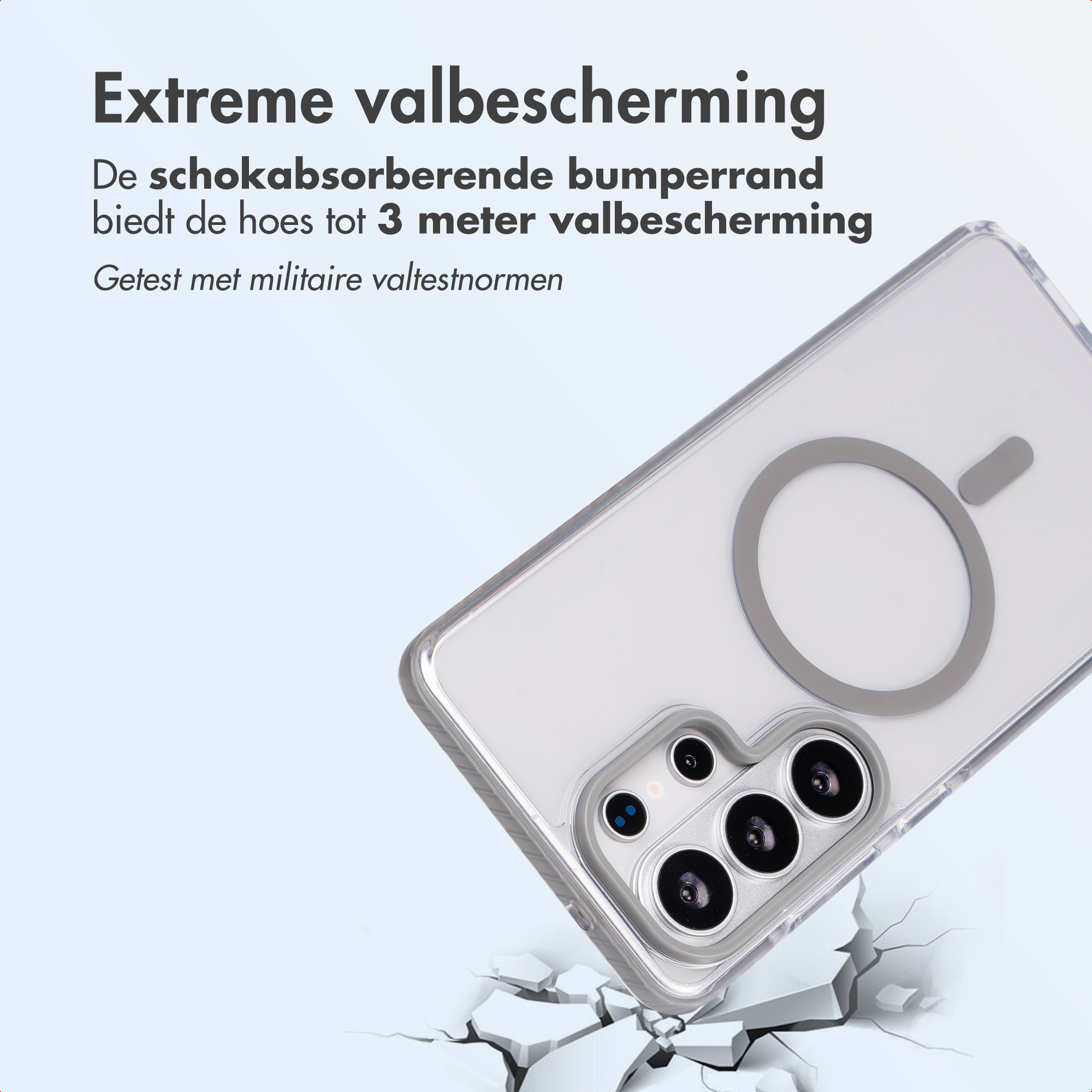 Coque de téléphone transparente avec anneau magnétique tombant sur sol craquelé de 3m.