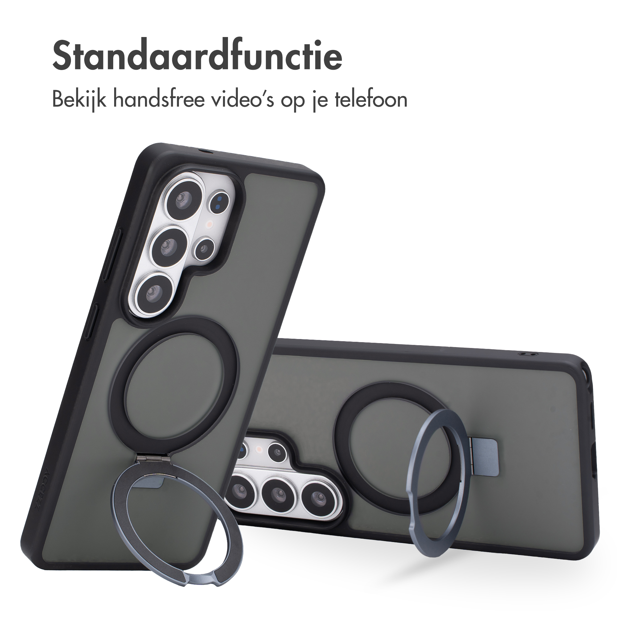 Grijze telefoonhoes met ringhouder en cameramodule in detail.