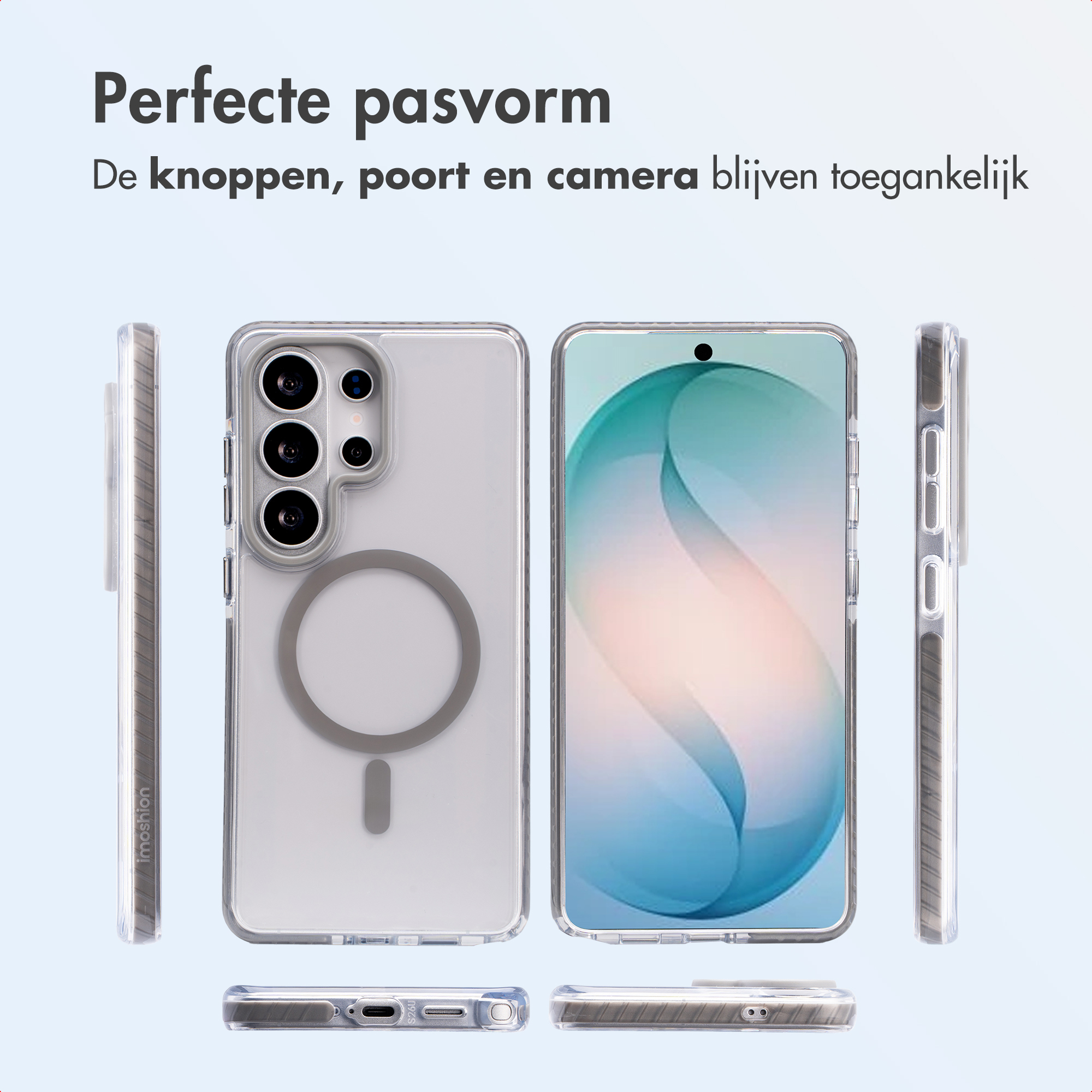 Coque de téléphone transparente avec anneau magnétique, montrant toutes les vues.