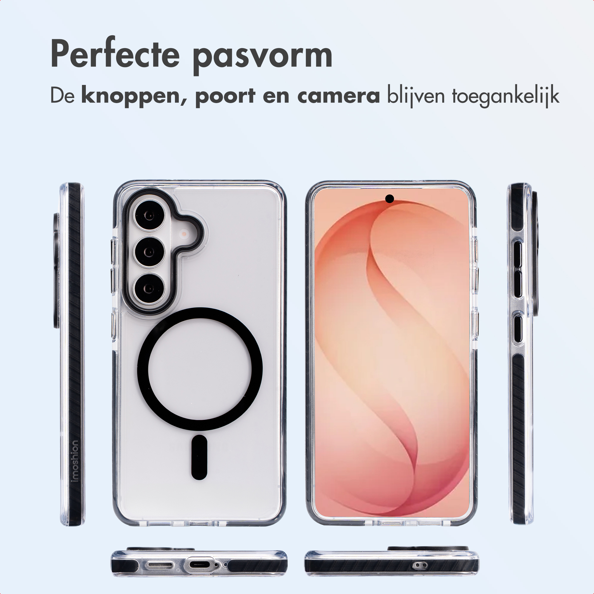Coque de téléphone transparente avec anneau magnétique et découpe caméra, vues multiples.