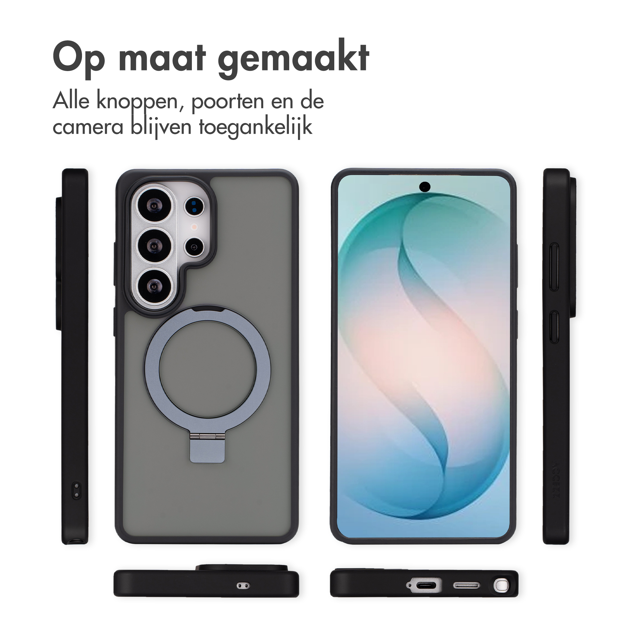 Een zwarte telefoonhoes met ringhouder en een telefoon met blauwe achtergrond.
