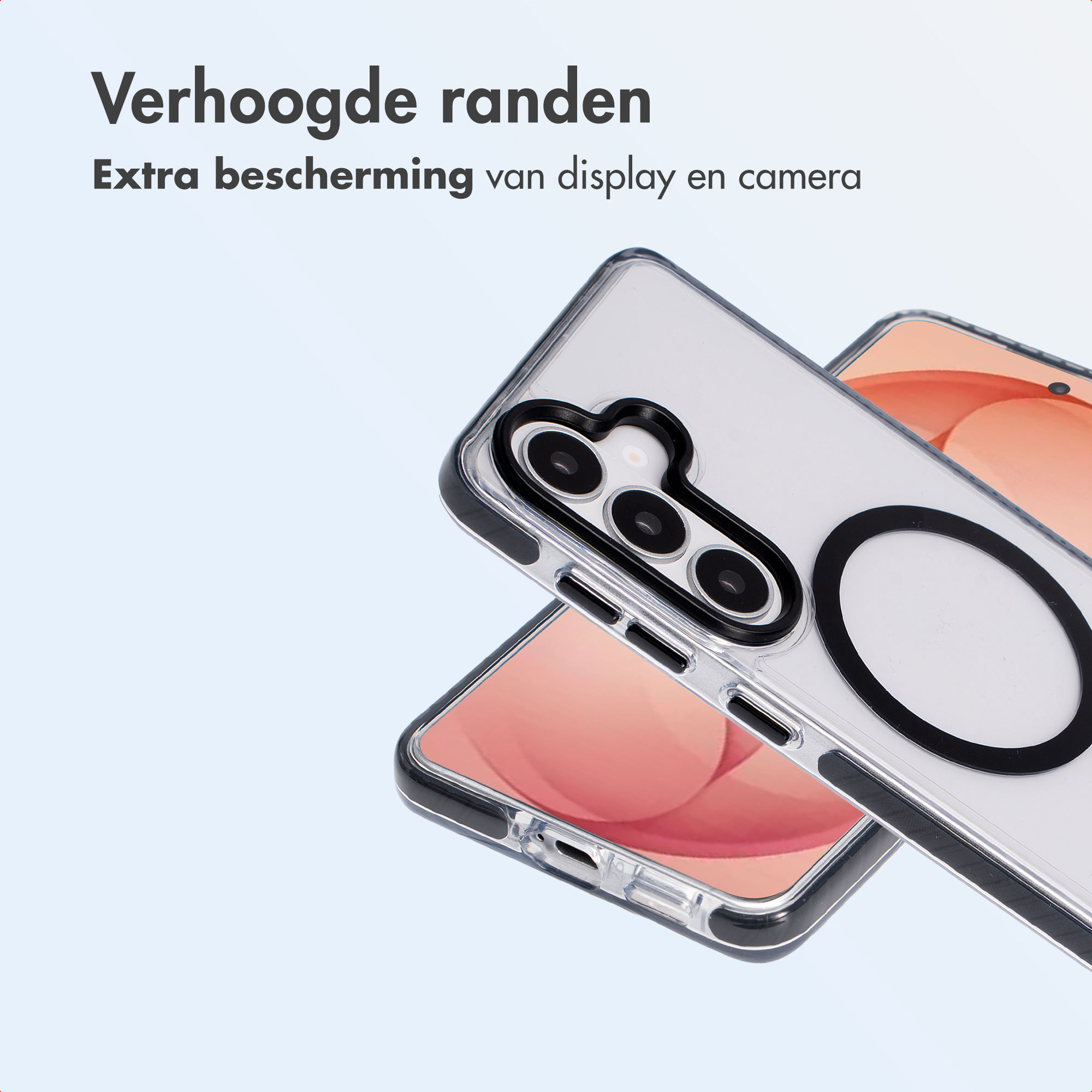Coque transparente avec bords surélevés pour protéger appareil photo et écran.