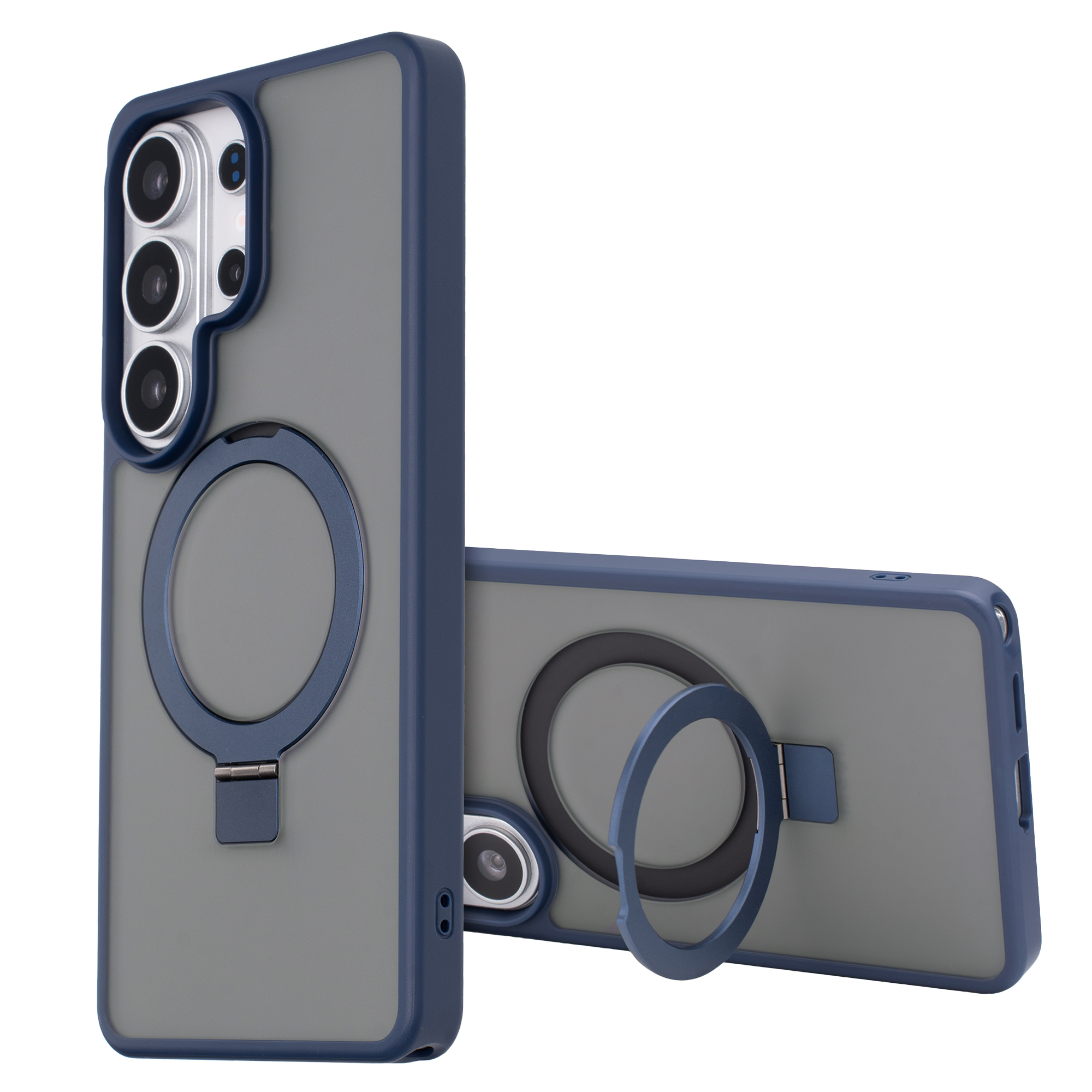 Grijze telefoonhoes met blauwe rand en ringhouder.