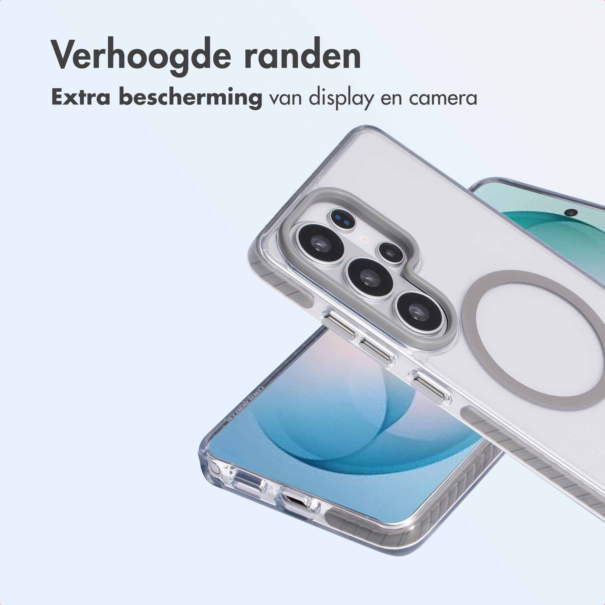 Coque de téléphone transparente à bords relevés montre les objectifs et l'écran.