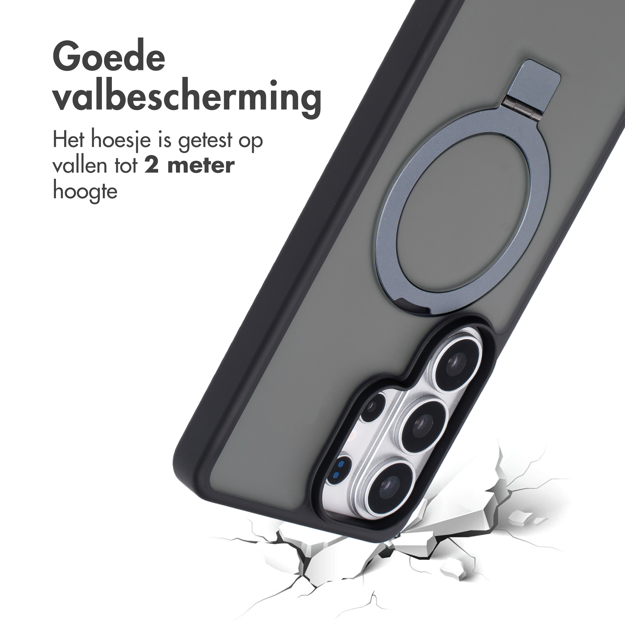 Grijze telefoonhoes met ringhouder op gebarsten grond.