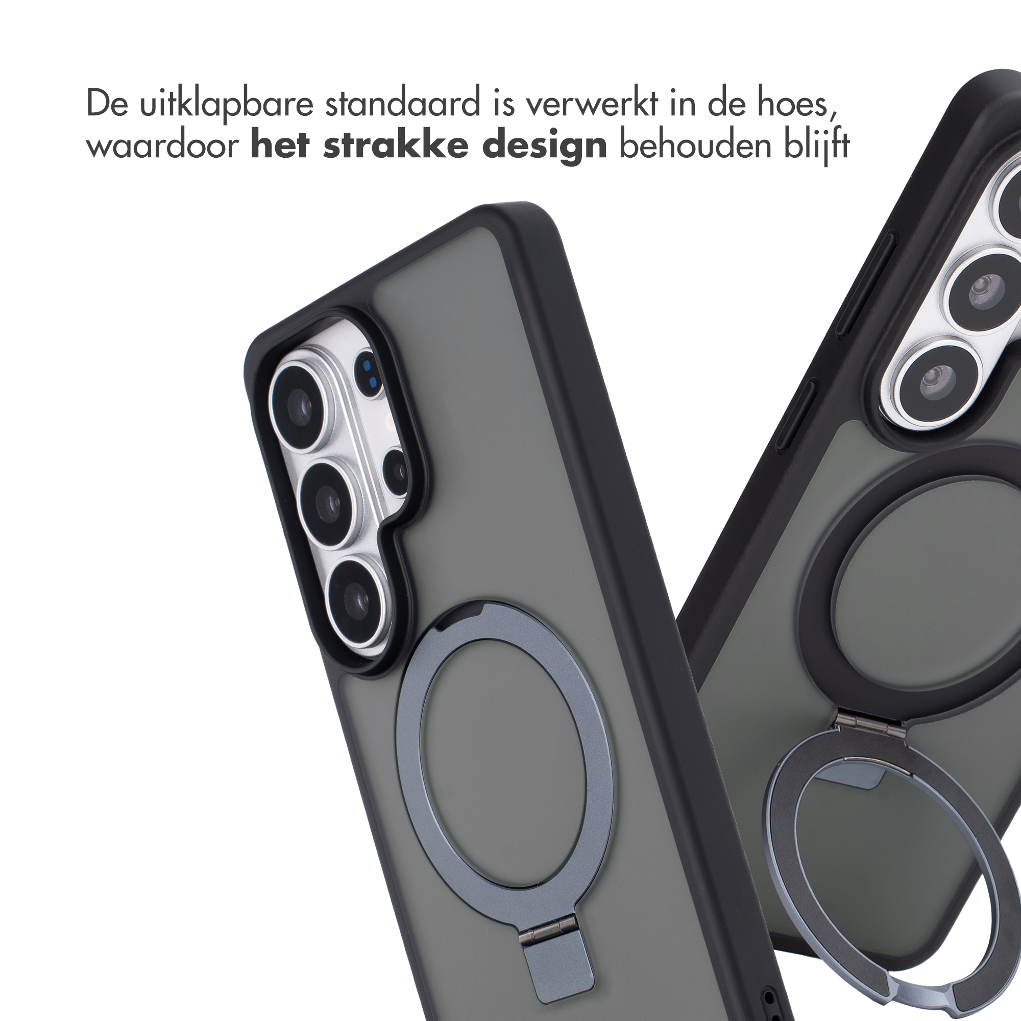 Grijze telefoonhoes met ingebouwde ringstandaard en camerabehuizing.