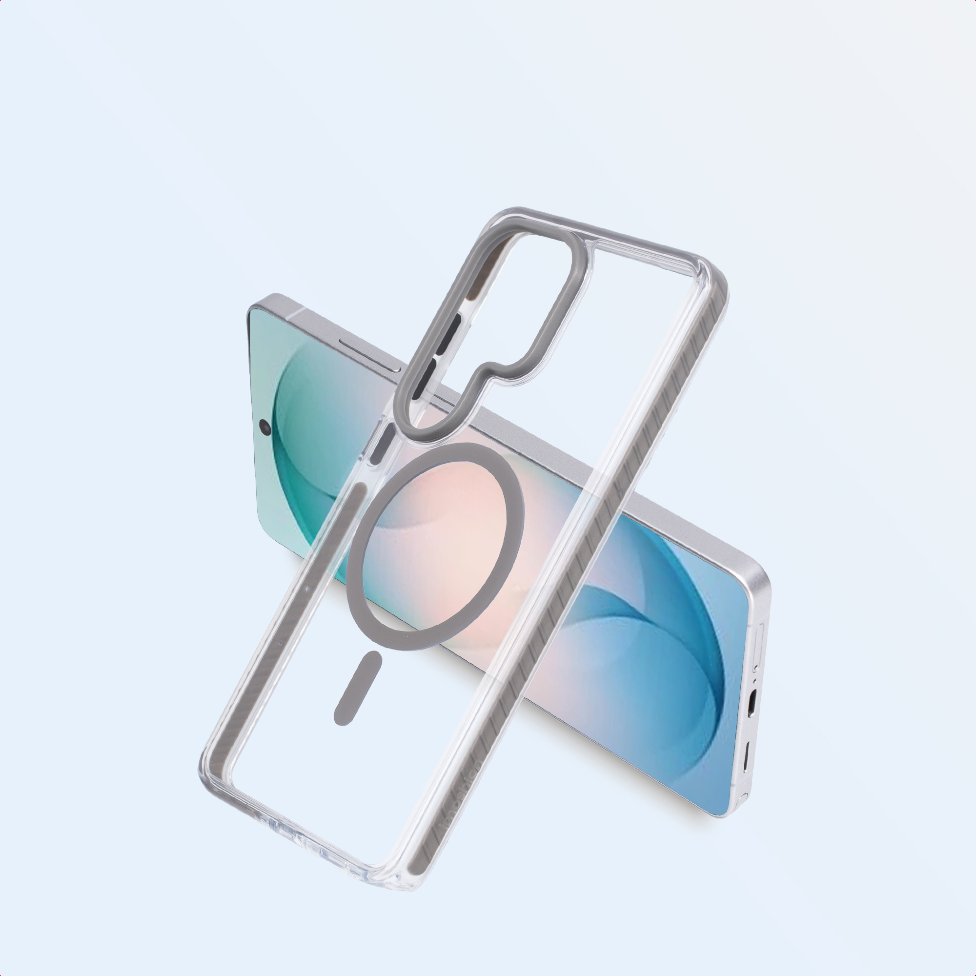 Une coque de téléphone transparente avec un anneau magnétique sur un smartphone.