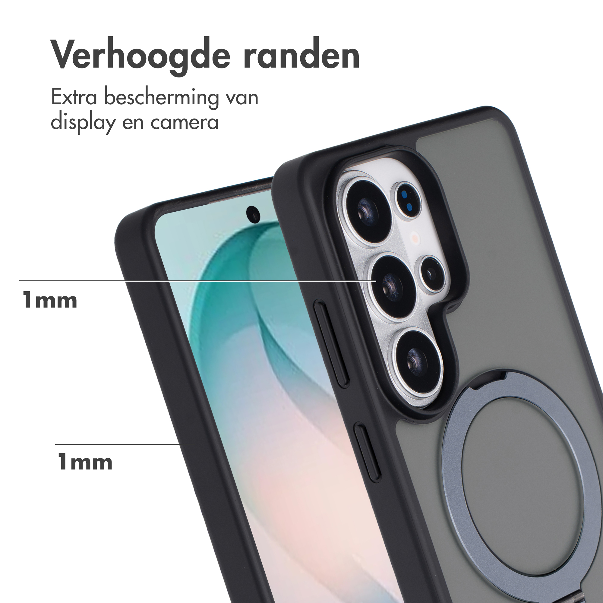Grijze telefoonhoes met verhoogde randen voor scherm en camera.