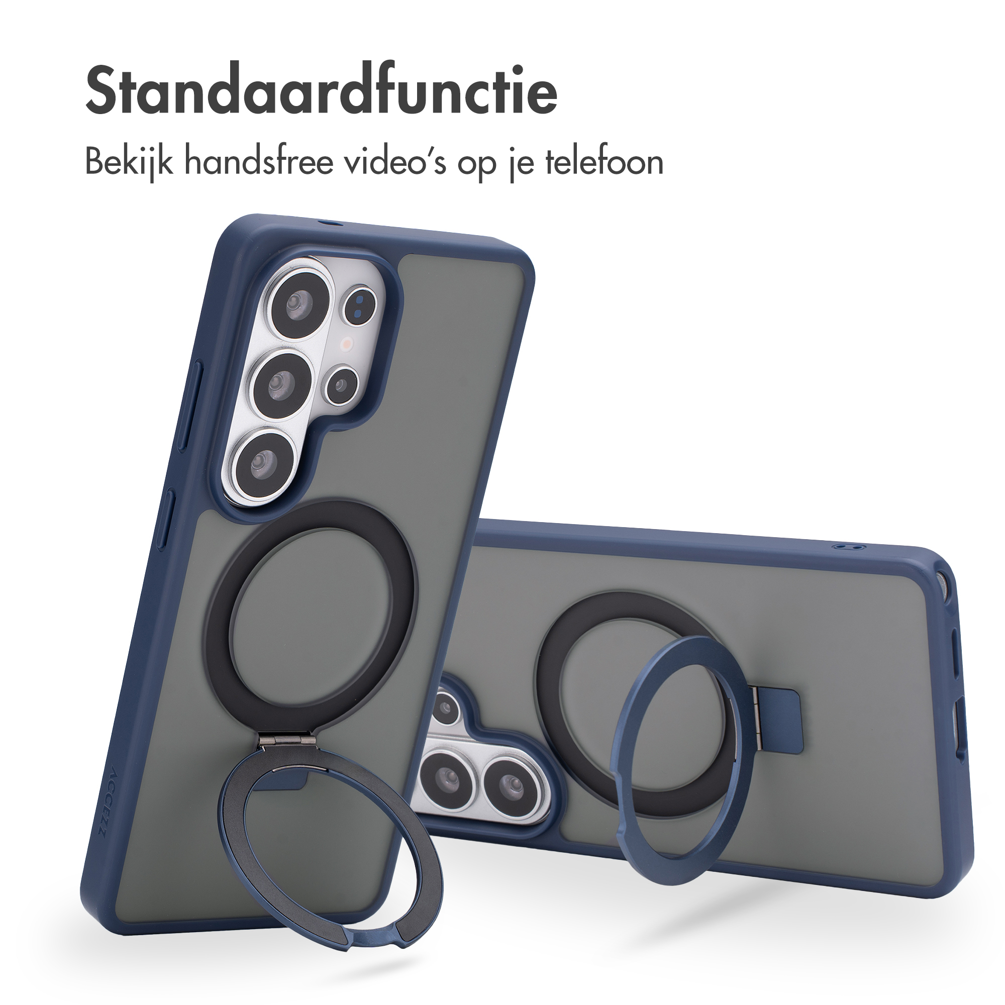 Twee donkerblauwe telefoonhoesjes met ringhouder, één met uitklapbare standaard.