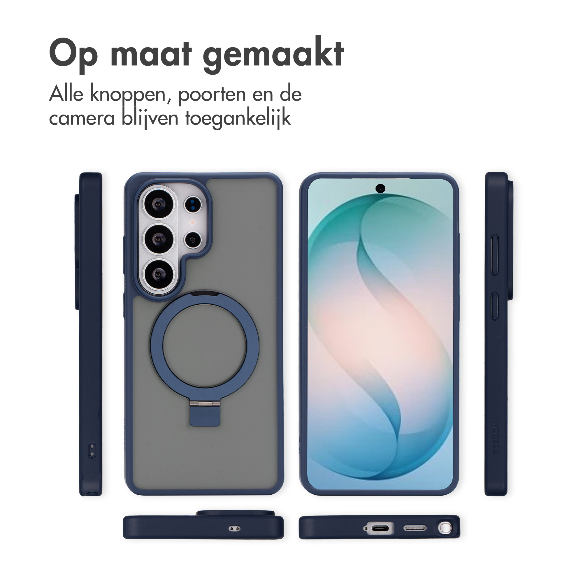 Donkerblauwe telefoonhoes met ring, getoond op een smartphone.